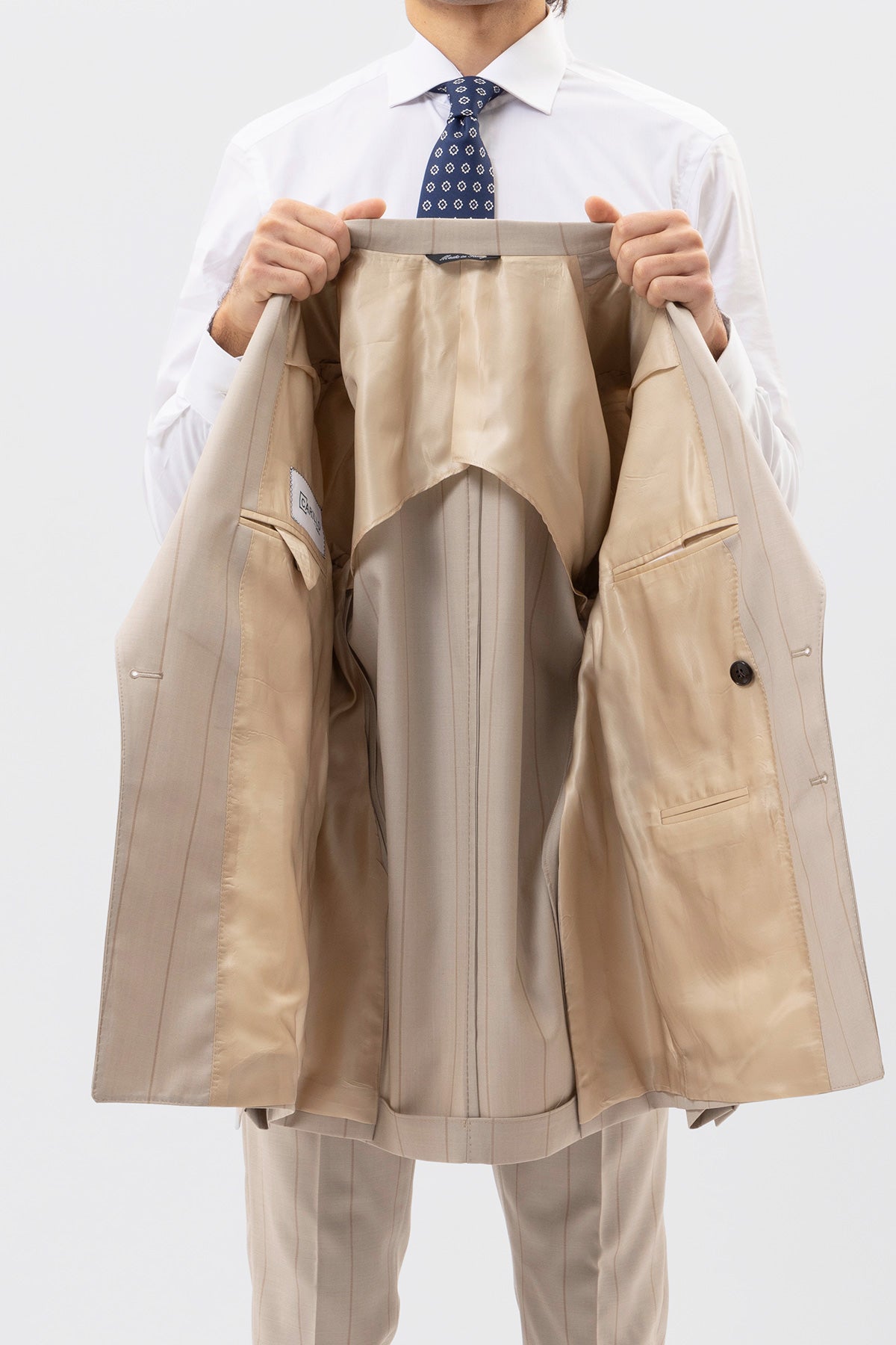 Giacca Doppiopetto Beige Gessata Fango Uomo Fresco Lana Super 130's Fordam Tessuti Napoli Rever A Lancia