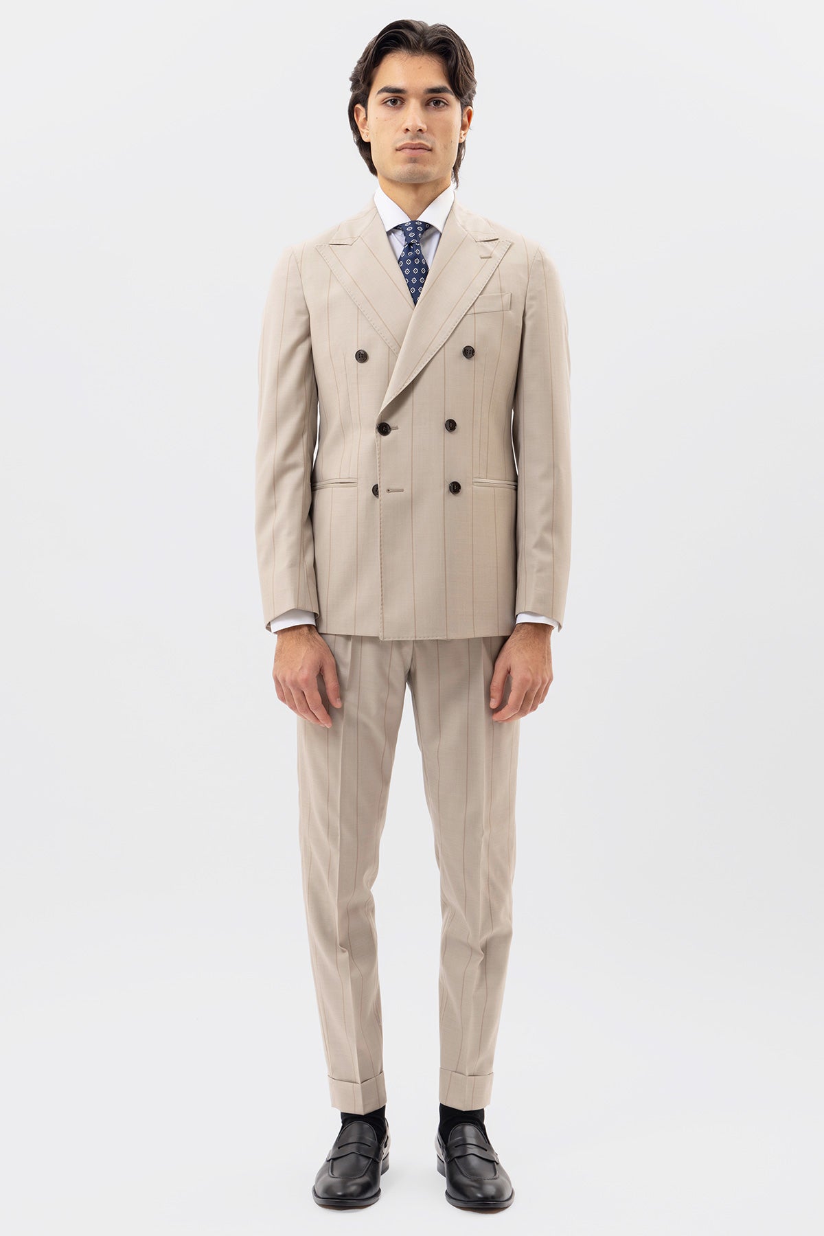 Abito Doppiopetto Beige Gessata Fango Uomo Fresco Lana Super 130's Fordam Tessuti Napoli Rever A Lancia