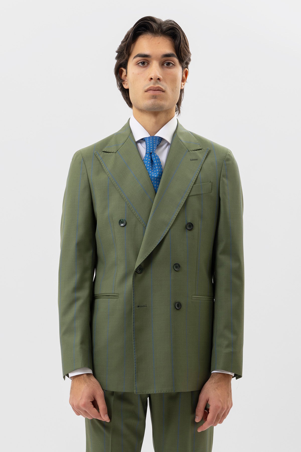 Giacca Doppiopetto Verde Gessata Azzurra Uomo Fresco Lana Super 130's Fordam Tessuti Napoli Rever A Lancia