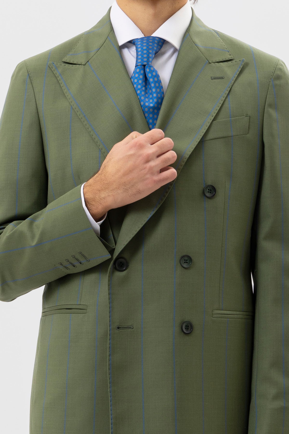 Giacca Doppiopetto Verde Gessata Azzurra Uomo Fresco Lana Super 130's Fordam Tessuti Napoli Rever A Lancia