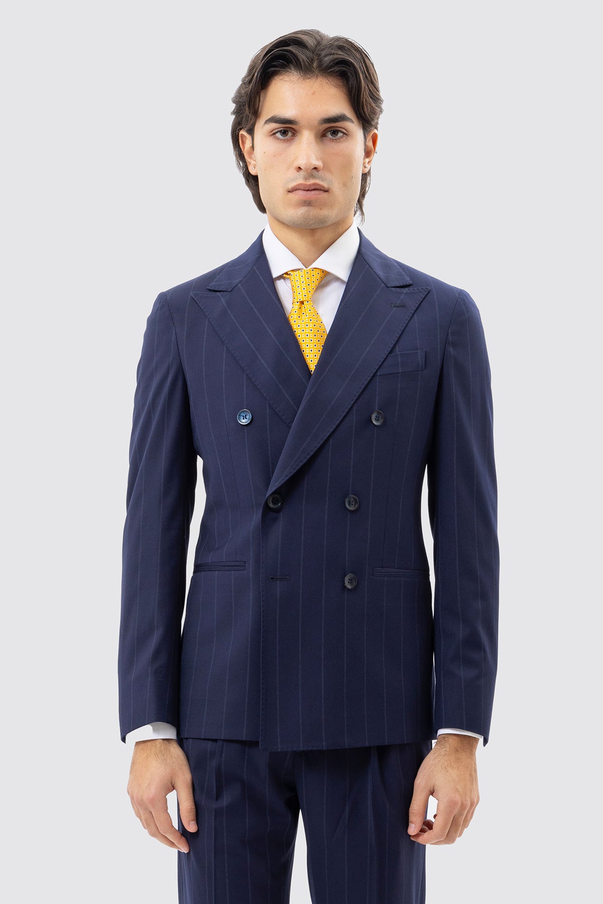 Giacca Uomo Doppiopetto Blu Gessata Bianca Uomo Rever A Lancia 13cm Tasche A Filo
