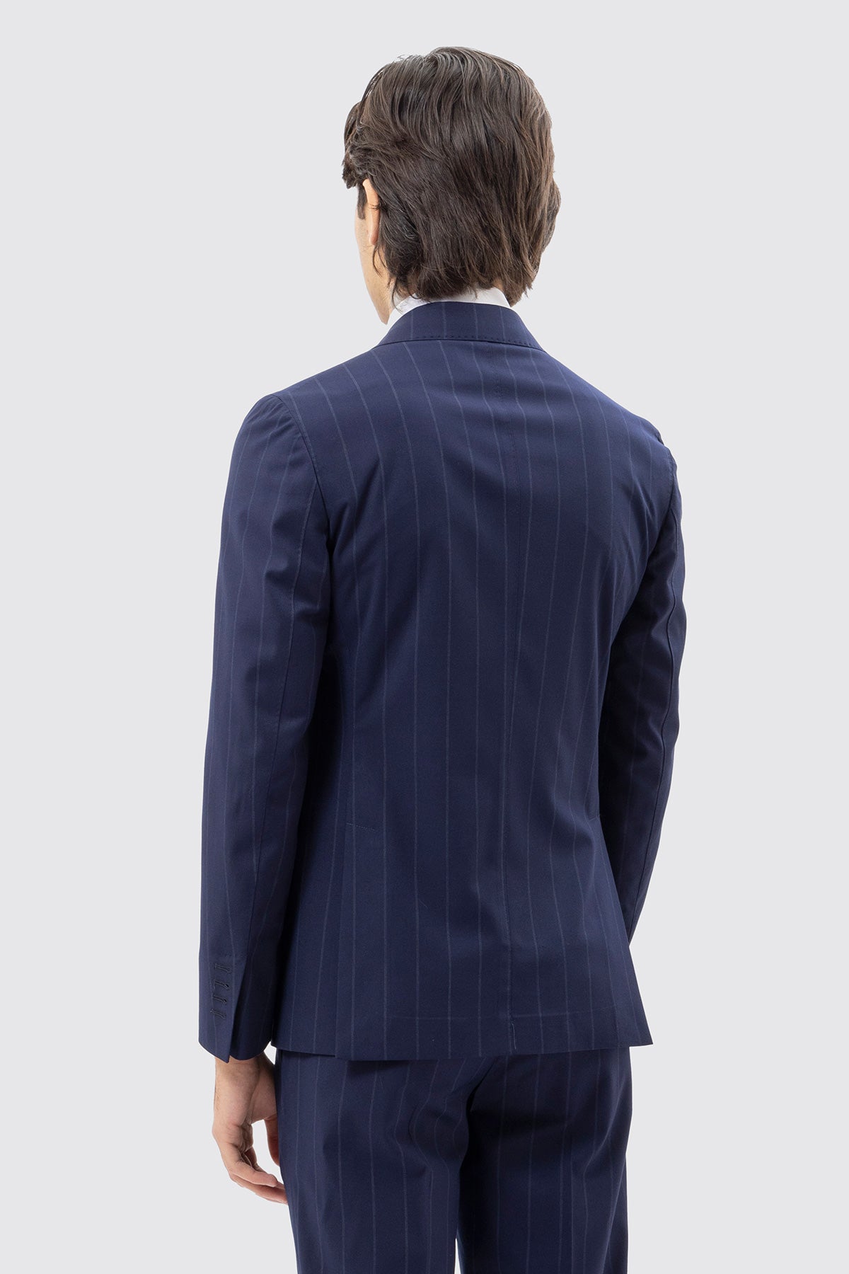 Giacca Uomo Doppiopetto Blu Gessata Bianca Uomo Rever A Lancia 13cm Tasche A Filo