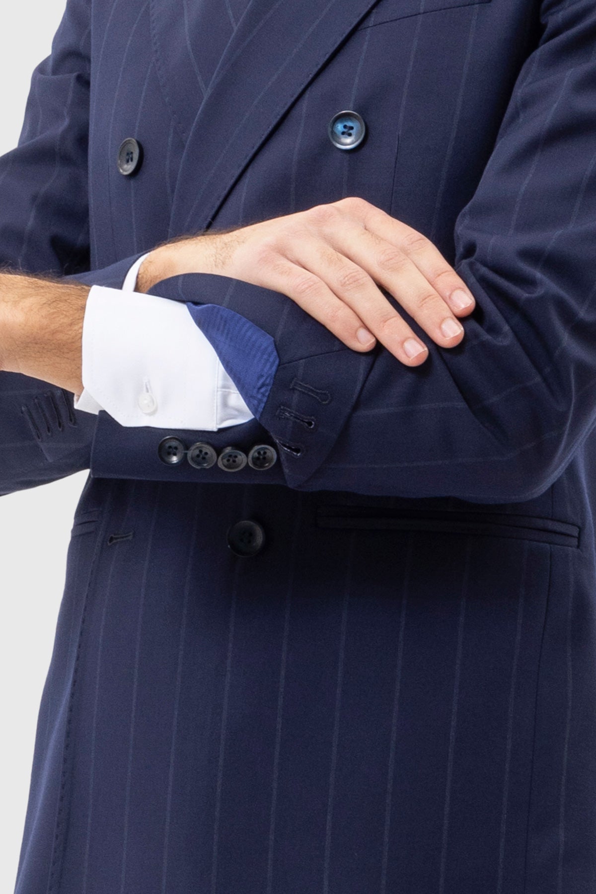 Abito Uomo Doppiopetto Blu Gessata Bianca Uomo Rever A Lancia 13cm Tasche A Filo