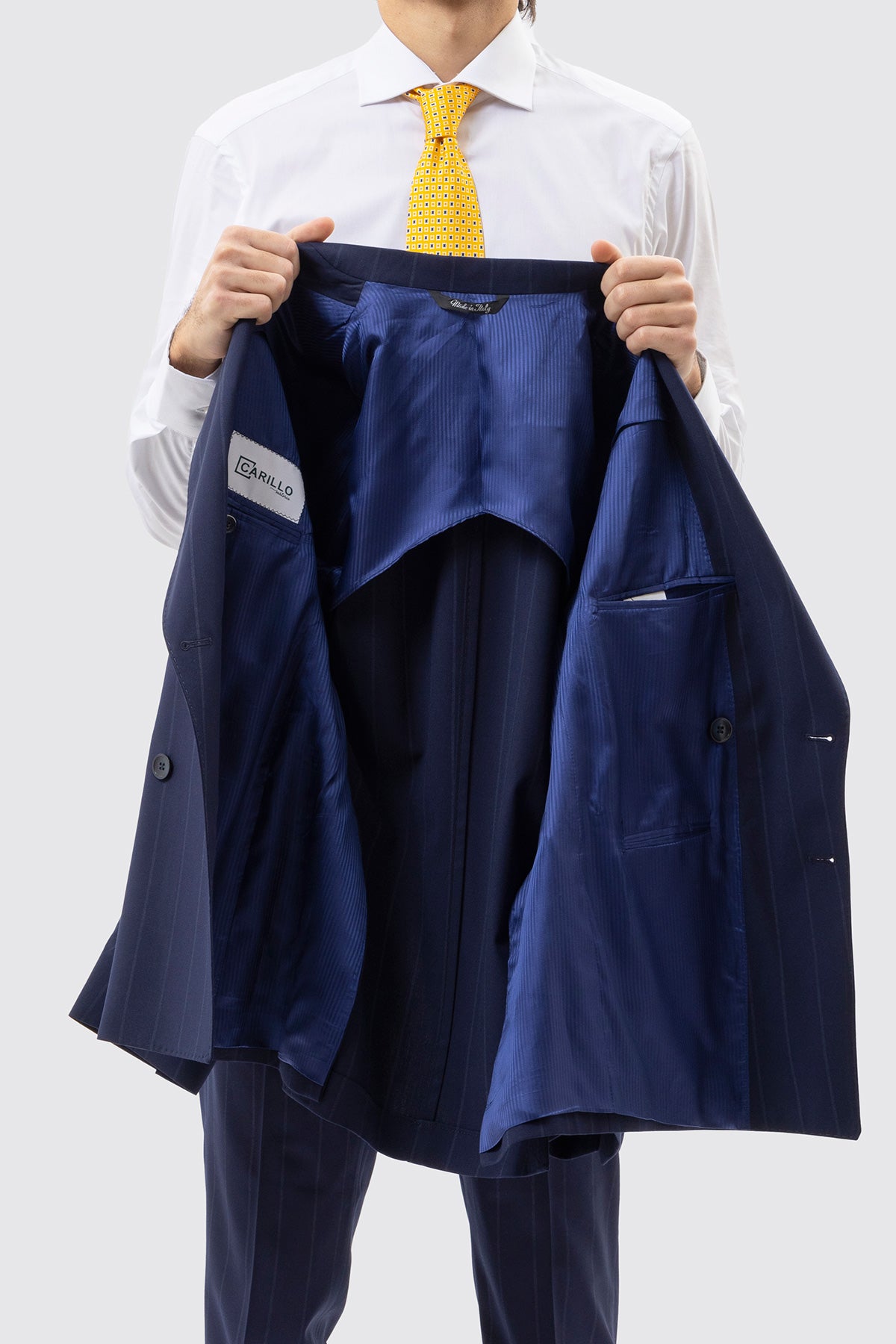 Abito Uomo Doppiopetto Blu Gessata Bianca Uomo Rever A Lancia 13cm Tasche A Filo