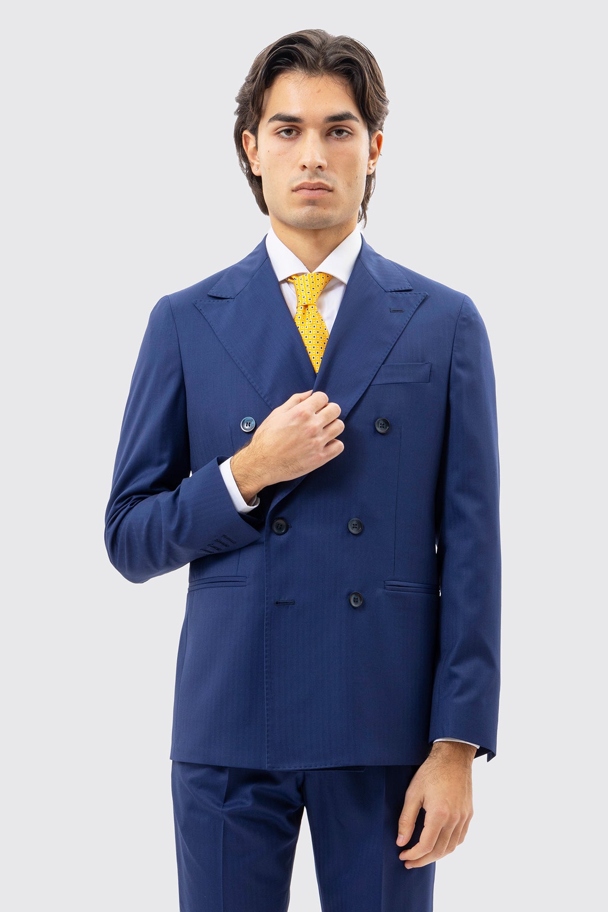 Giacca Doppiopetto Blu Solaro Uomo Fresco Lana E Seta Holland & Sherry Rever A Lancia 13cm Tasache A Filo