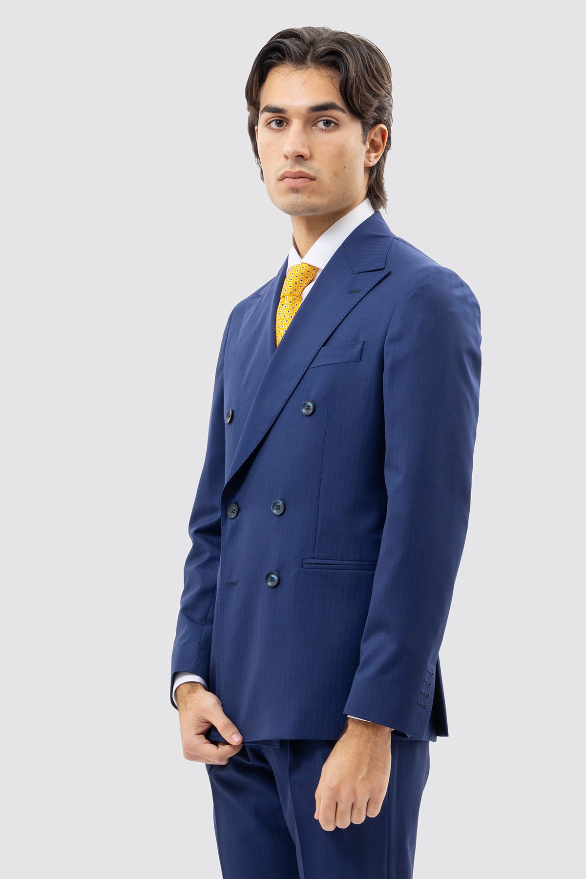 Giacca Doppiopetto Blu Solaro Uomo Fresco Lana E Seta Holland & Sherry Rever A Lancia 13cm Tasache A Filo