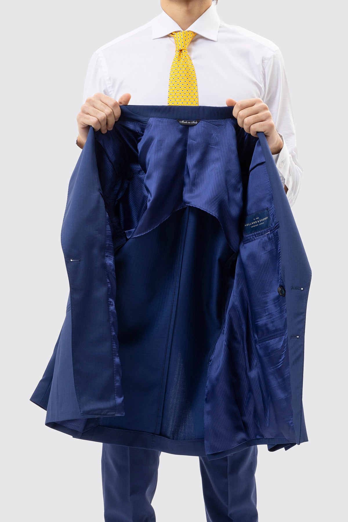 Giacca Doppiopetto Blu Solaro Uomo Fresco Lana E Seta Holland & Sherry Rever A Lancia 13cm Tasache A Filo