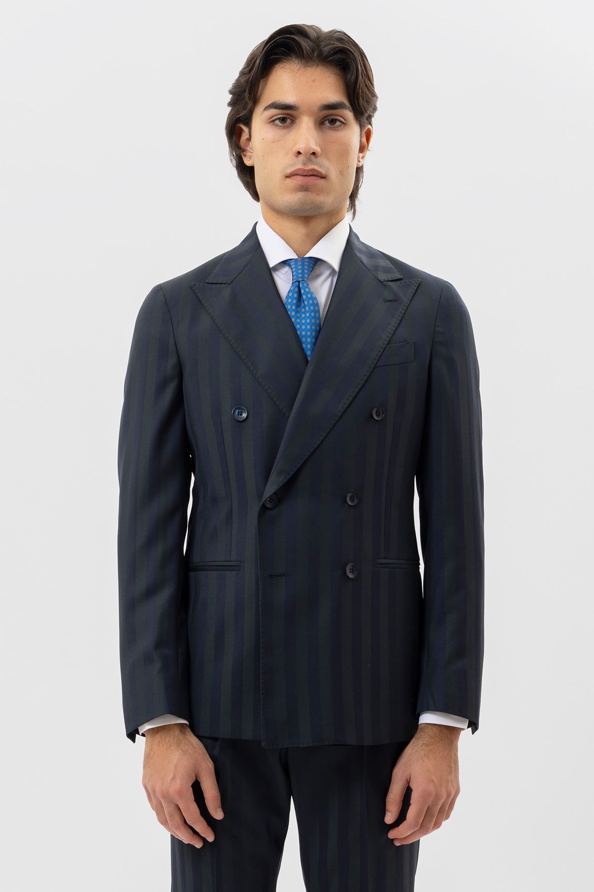 Giacca Uomo Doppiopetto Blu Riga Verde Fresco Lana Super 140's Rever A Lancia 13cm Tasche A Filo