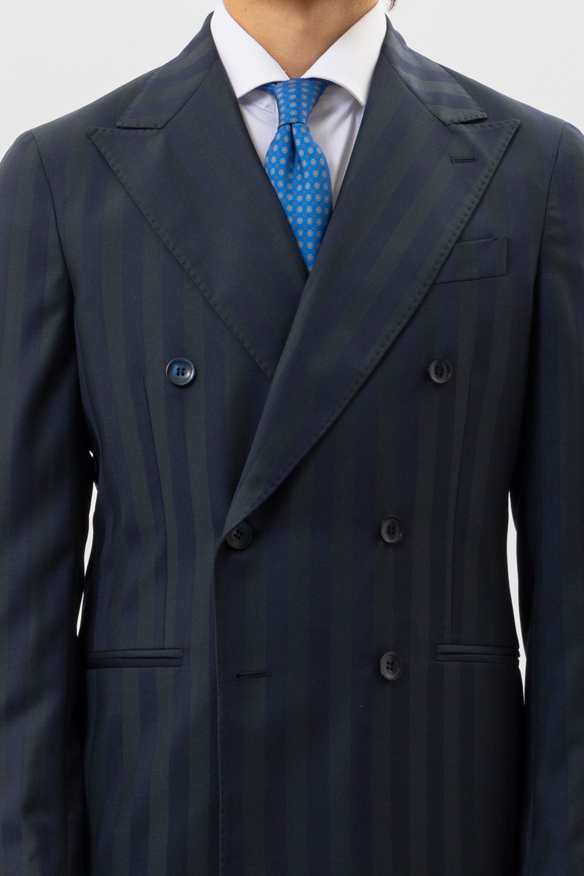 Giacca Uomo Doppiopetto Blu Riga Verde Fresco Lana Super 140's Rever A Lancia 13cm Tasche A Filo