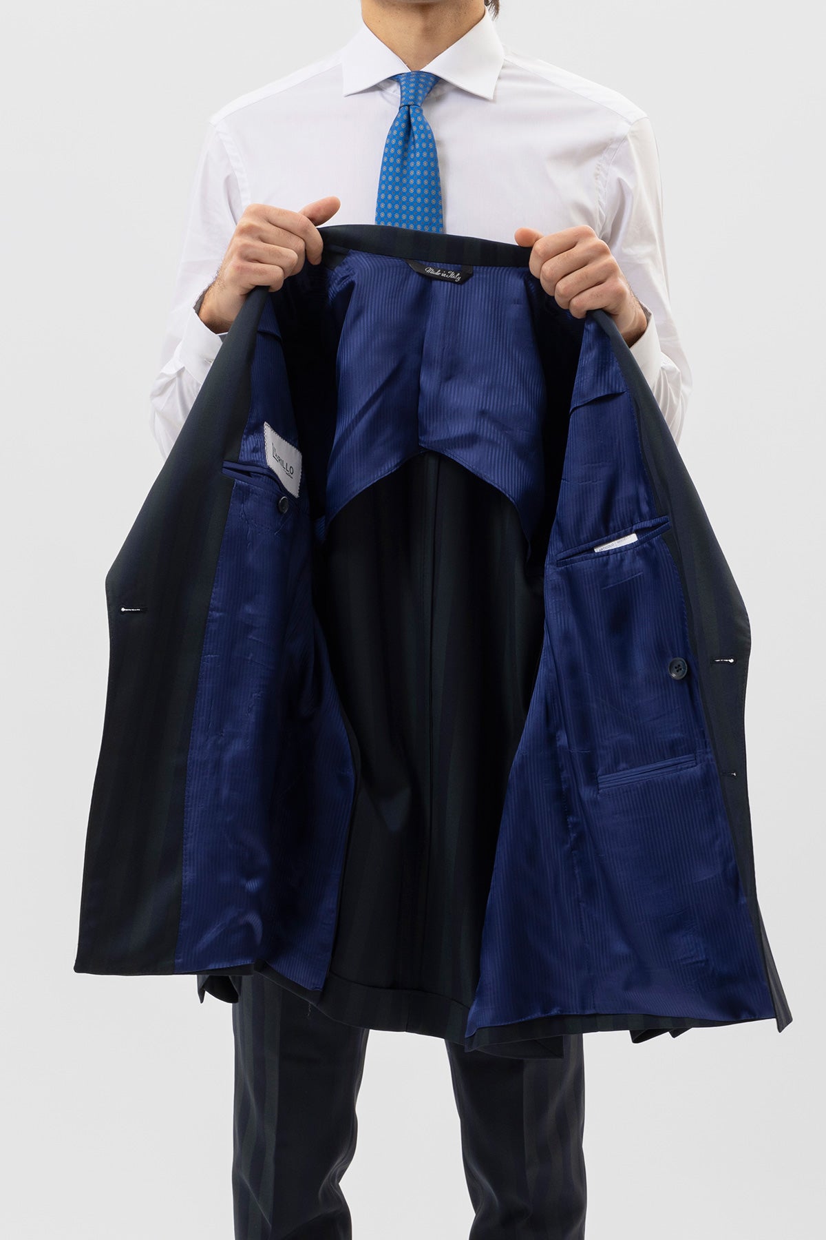 Giacca Uomo Doppiopetto Blu Riga Verde Fresco Lana Super 140's Rever A Lancia 13cm Tasche A Filo