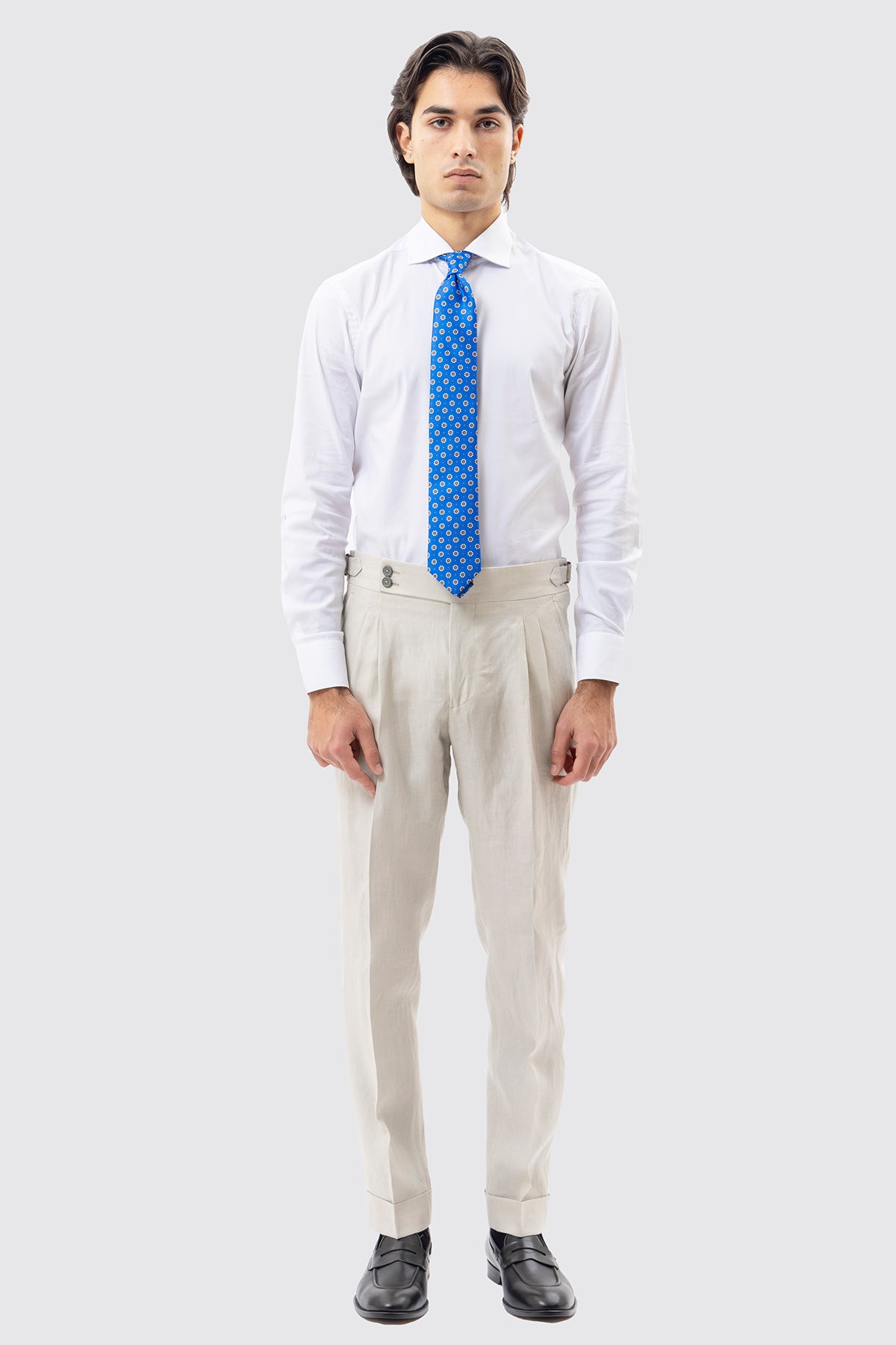 Pantalone Panna Vita  Alta Uomo In Lino 100% Bristol Tessuti Napoli Doppia Pinces Fibbie Laterali E Risvolto 5cm