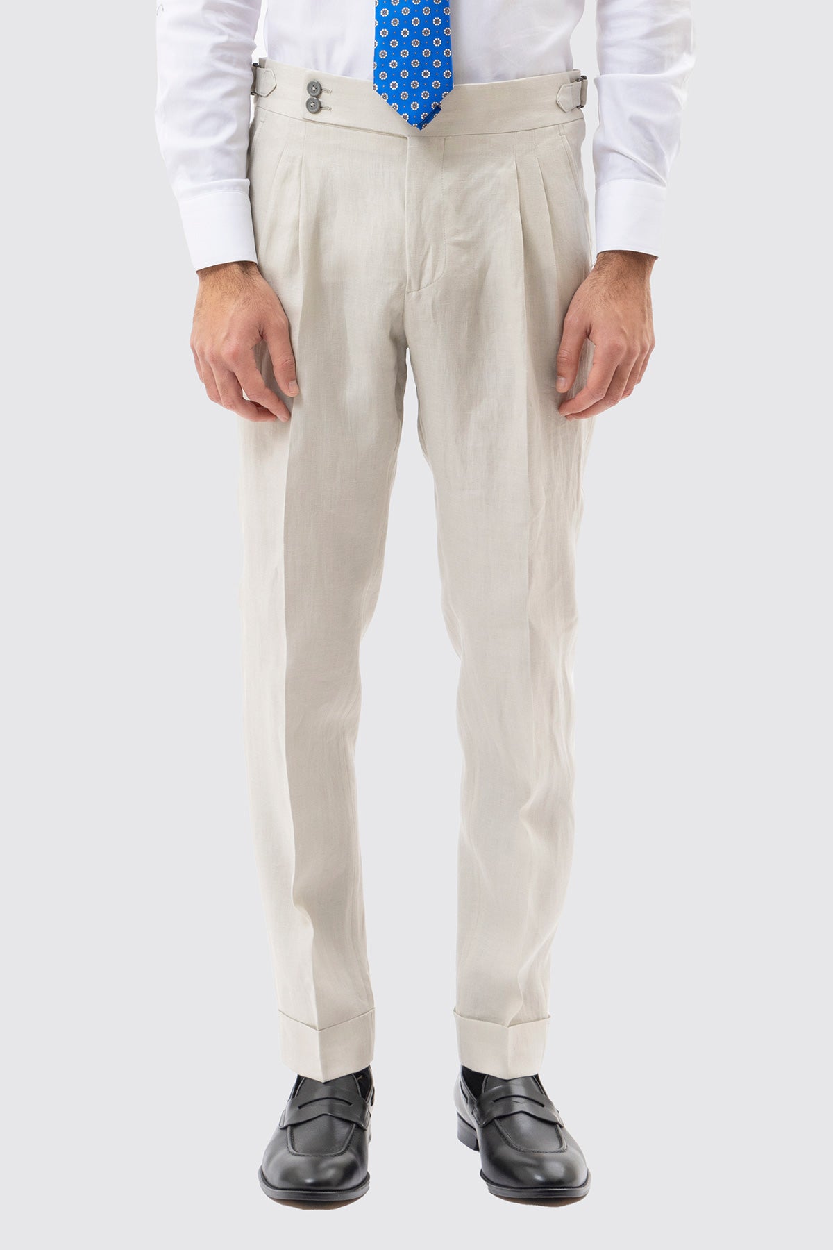 Pantalone Panna Vita  Alta Uomo In Lino 100% Bristol Tessuti Napoli Doppia Pinces Fibbie Laterali E Risvolto 5cm