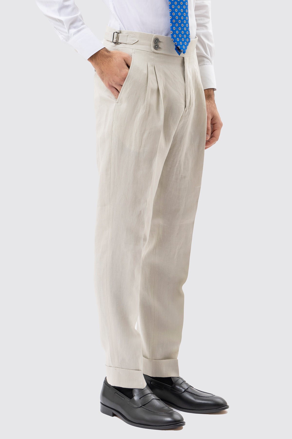 Pantalone Panna Vita  Alta Uomo In Lino 100% Bristol Tessuti Napoli Doppia Pinces Fibbie Laterali E Risvolto 5cm