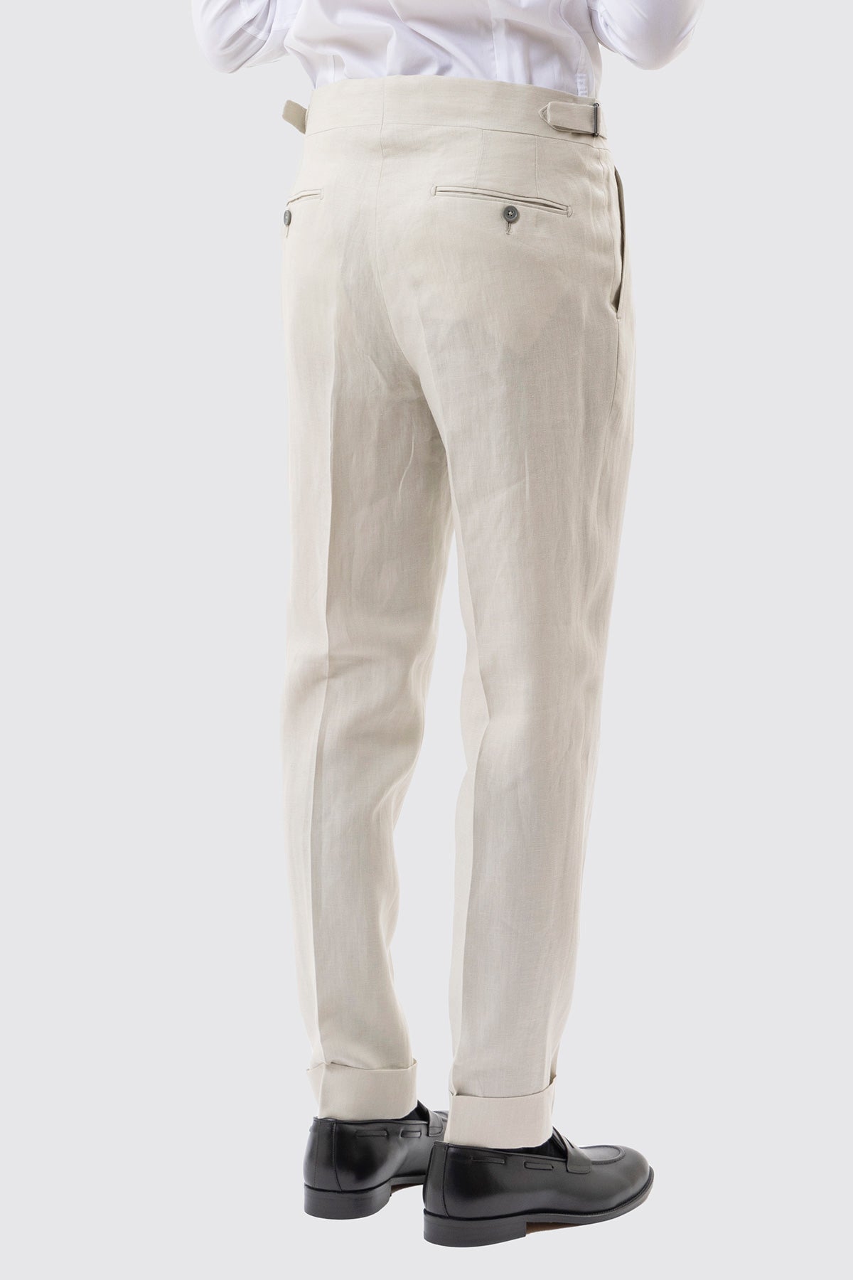 Pantalone Panna Vita  Alta Uomo In Lino 100% Bristol Tessuti Napoli Doppia Pinces Fibbie Laterali E Risvolto 5cm