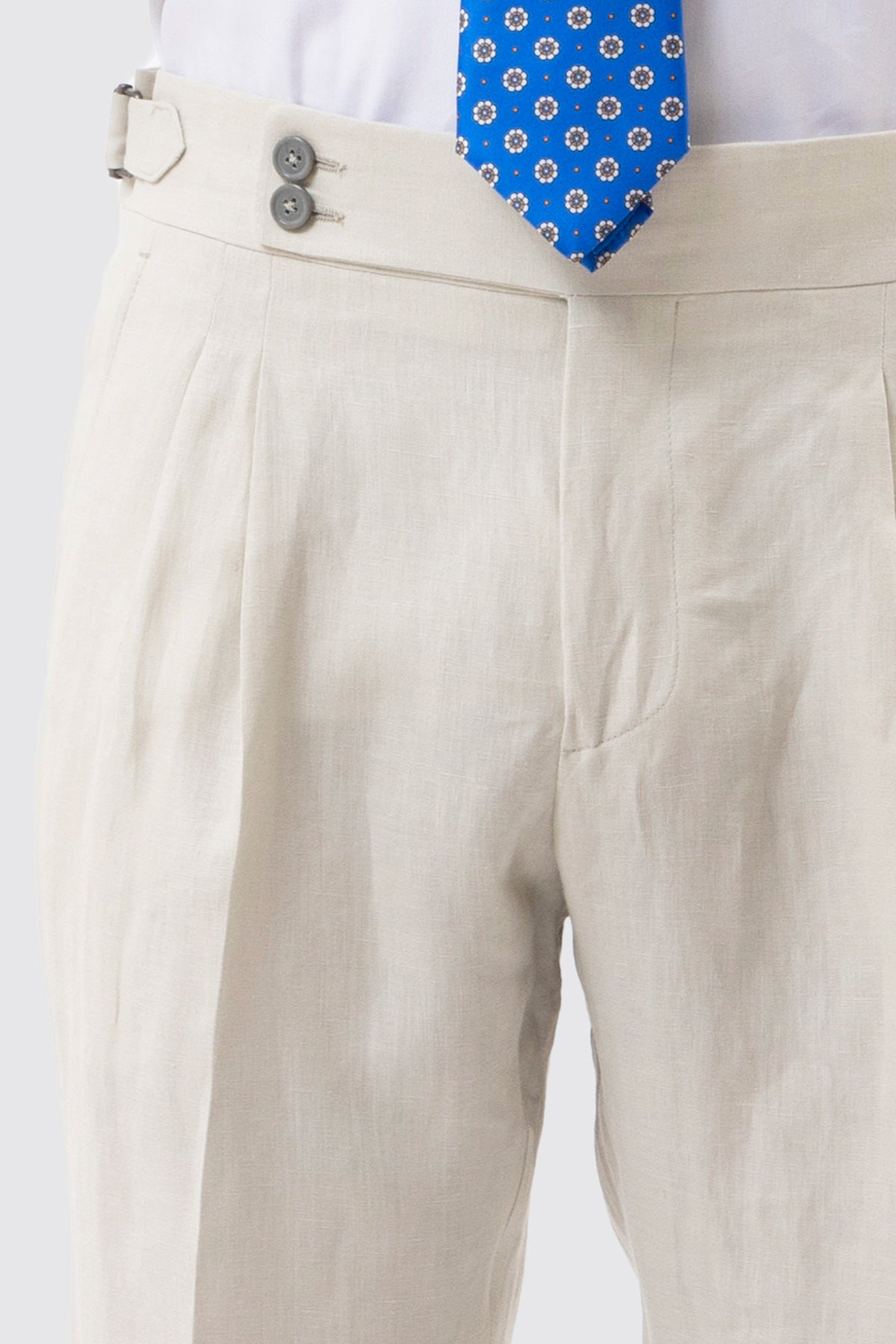 Pantalone Panna Vita  Alta Uomo In Lino 100% Bristol Tessuti Napoli Doppia Pinces Fibbie Laterali E Risvolto 5cm