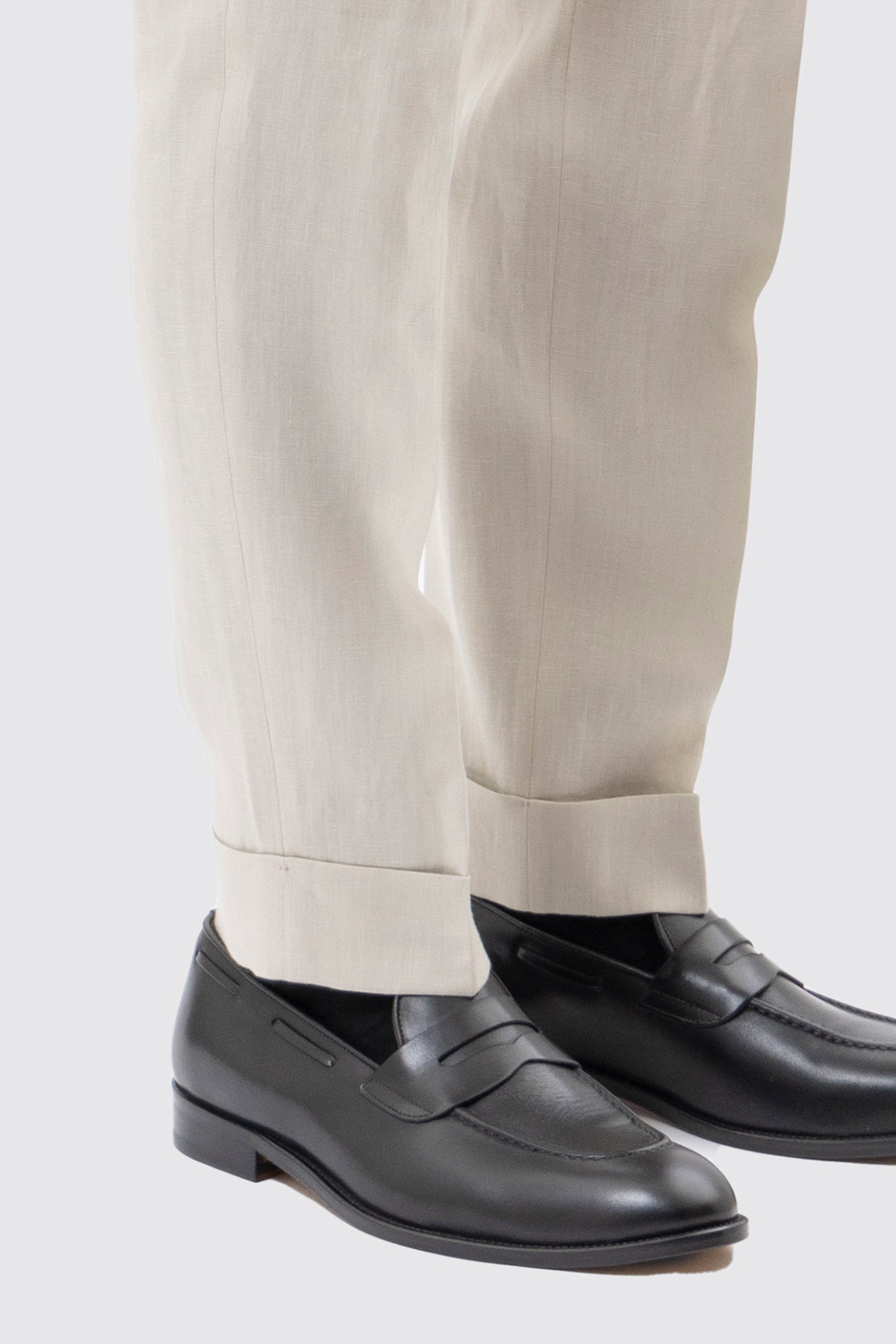 Pantalone Panna Vita  Alta Uomo In Lino 100% Bristol Tessuti Napoli Doppia Pinces Fibbie Laterali E Risvolto 5cm