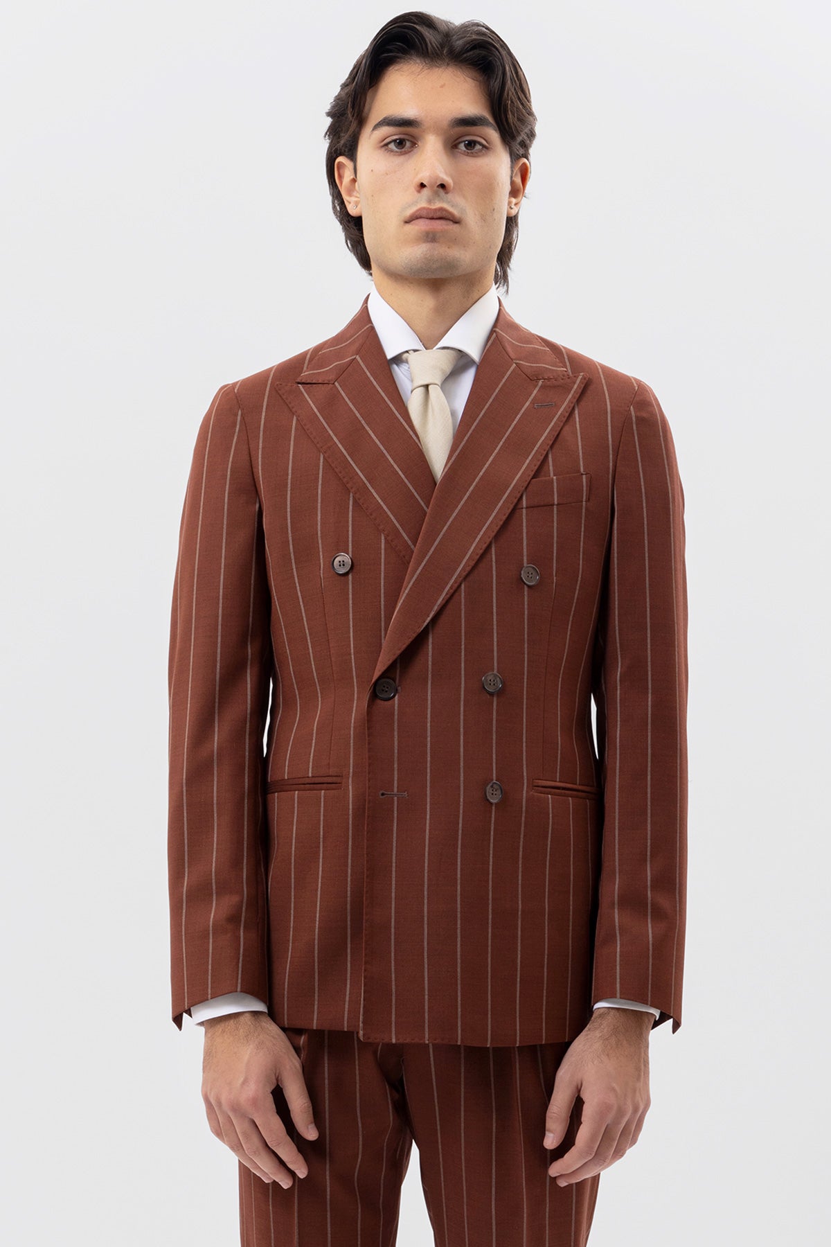 Giacca Doppiopetto Coccio Gessata Beige Uomo Fresco Lana Super 130's Fordam Tessuti Napoli Rever A Lancia