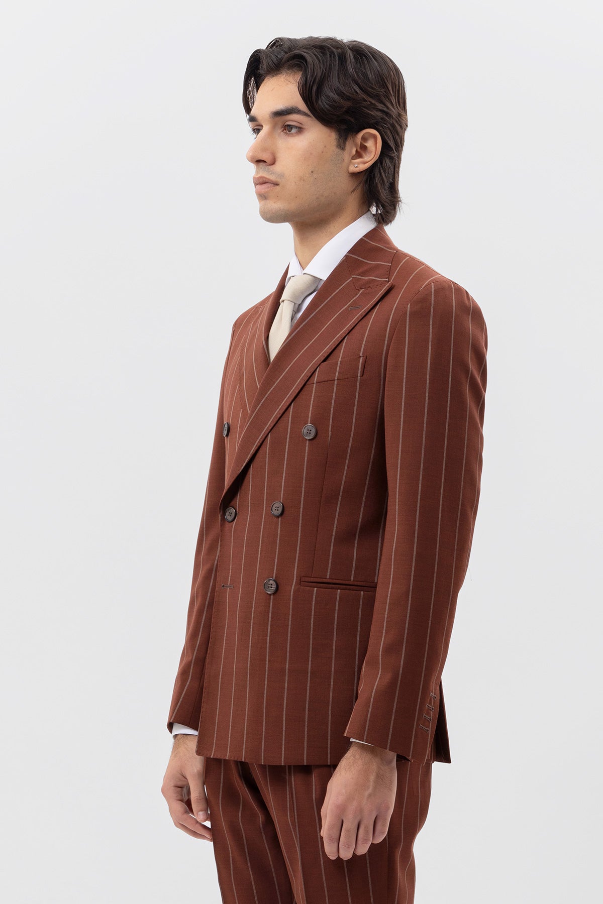 Giacca Doppiopetto Coccio Gessata Beige Uomo Fresco Lana Super 130's Fordam Tessuti Napoli Rever A Lancia