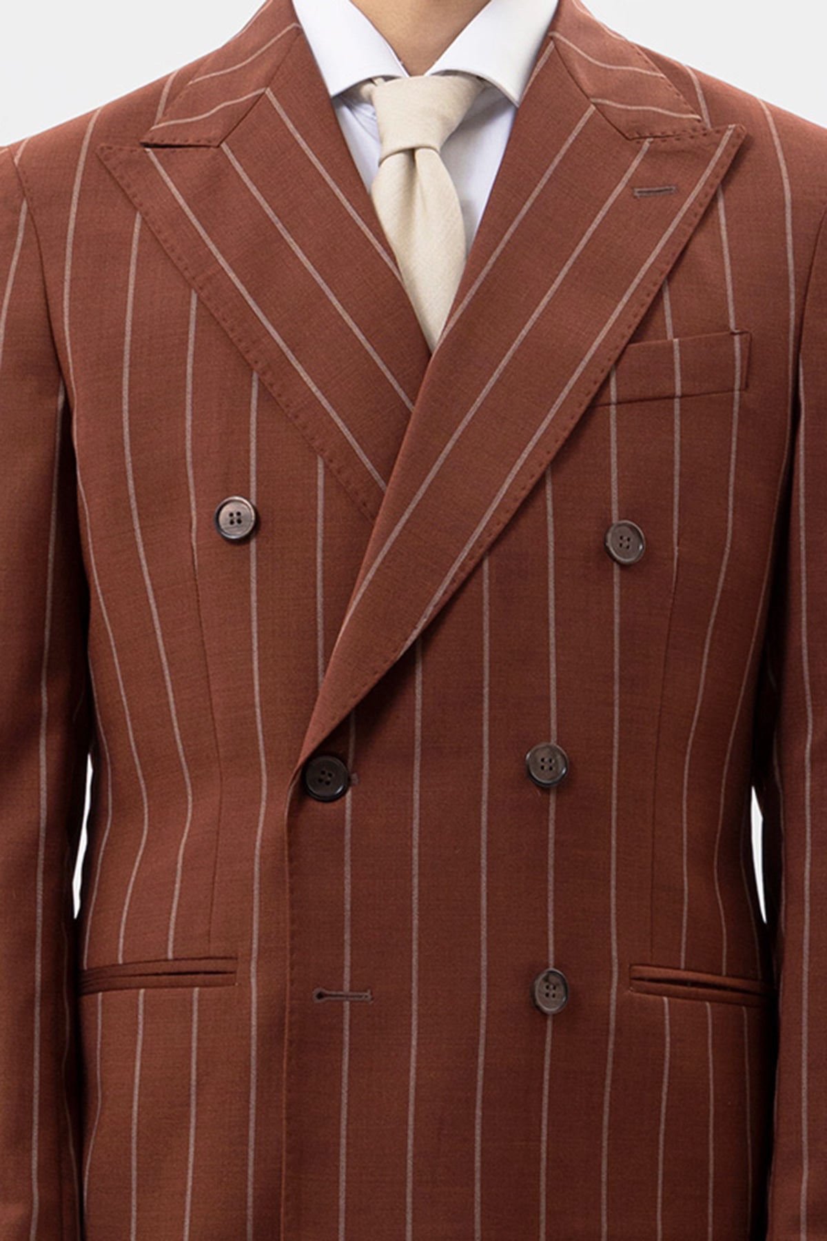 Giacca Doppiopetto Coccio Gessata Beige Uomo Fresco Lana Super 130's Fordam Tessuti Napoli Rever A Lancia