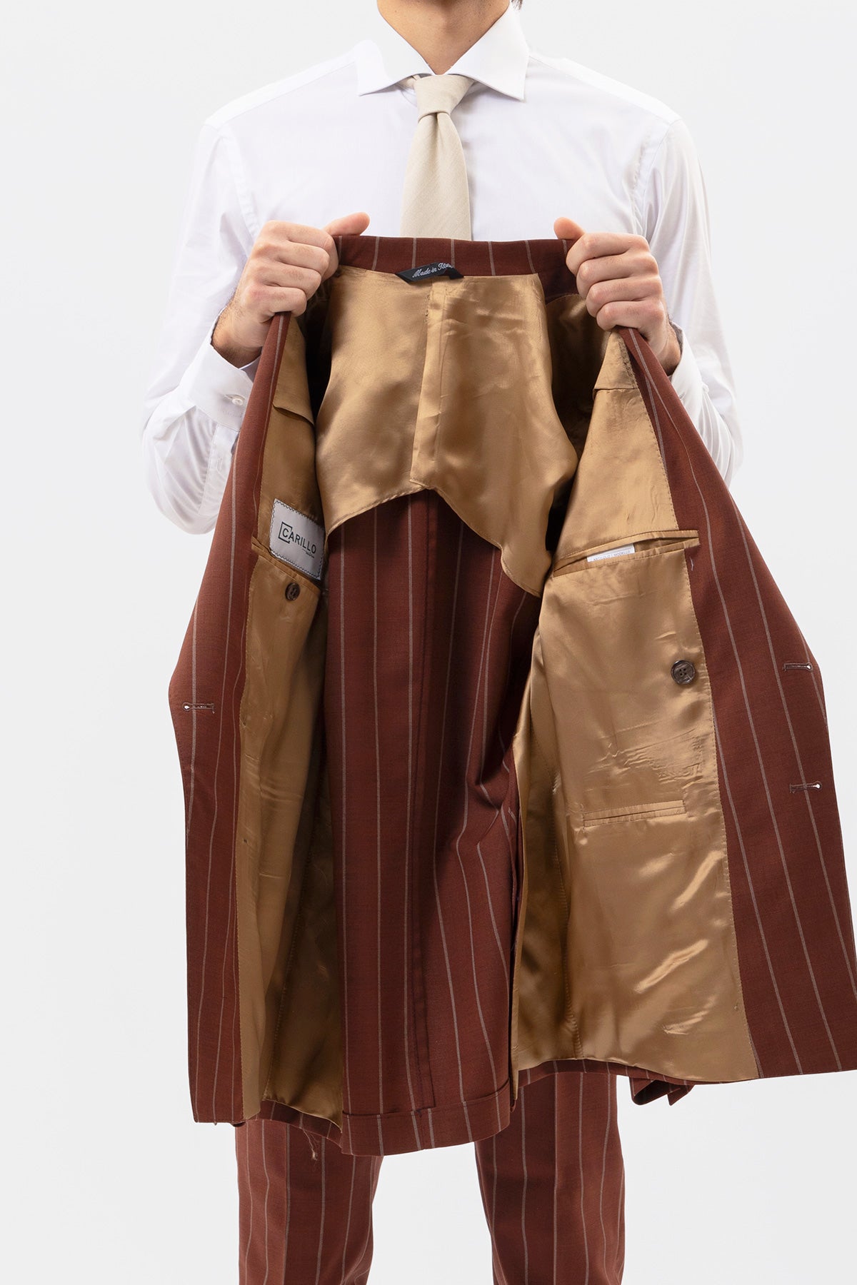 Giacca Doppiopetto Coccio Gessata Beige Uomo Fresco Lana Super 130's Fordam Tessuti Napoli Rever A Lancia