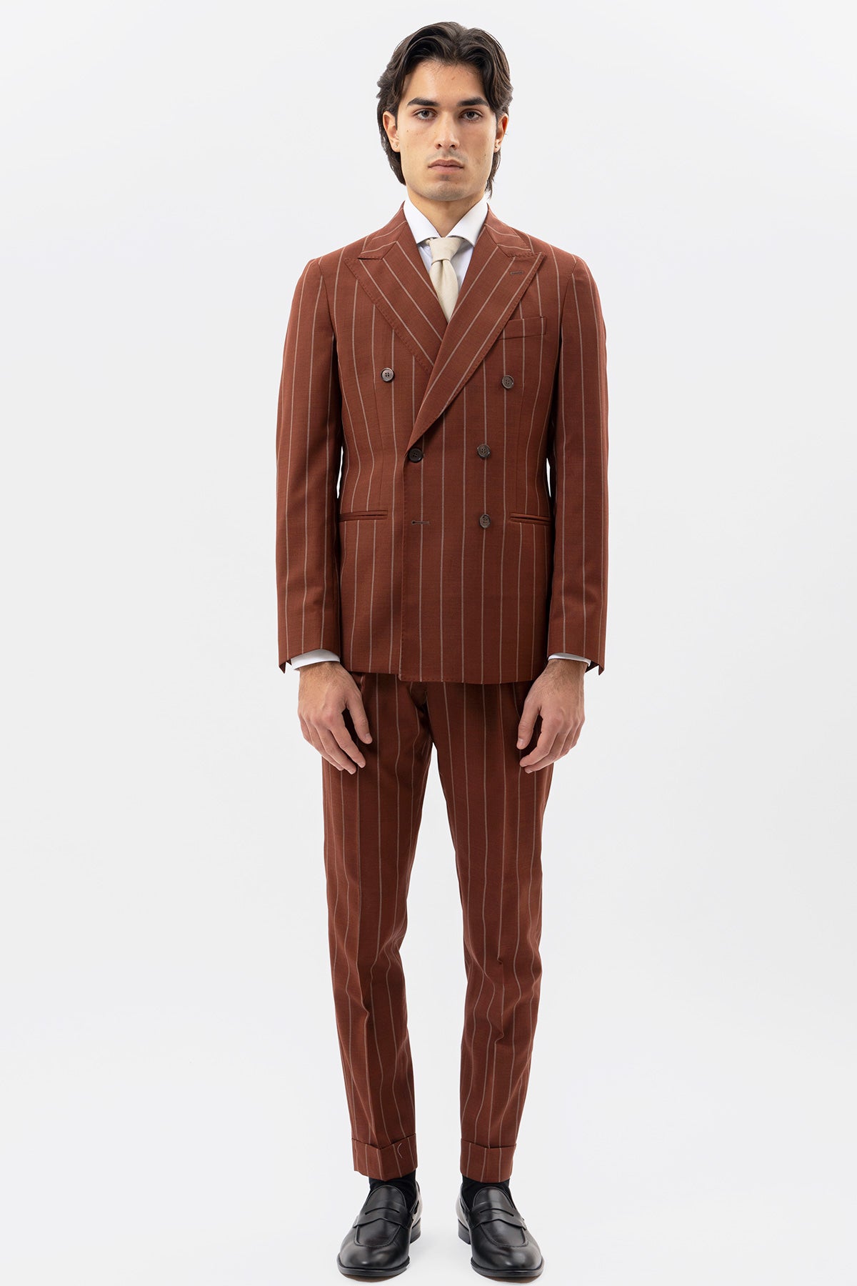 Giacca Doppiopetto Coccio Gessata Beige Uomo Fresco Lana Super 130's Fordam Tessuti Napoli Rever A Lancia