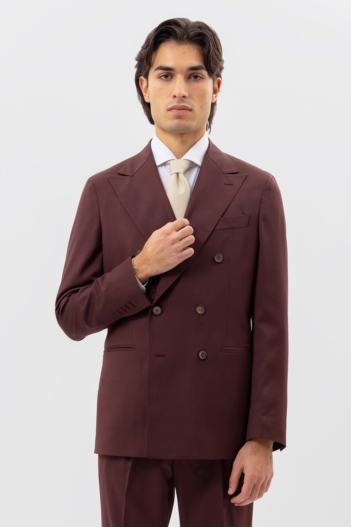 Giacca Doppiopetto Bordeaux Fresco Lana  Super 130's Bristol Tessuti Napoli Rever A Lancia