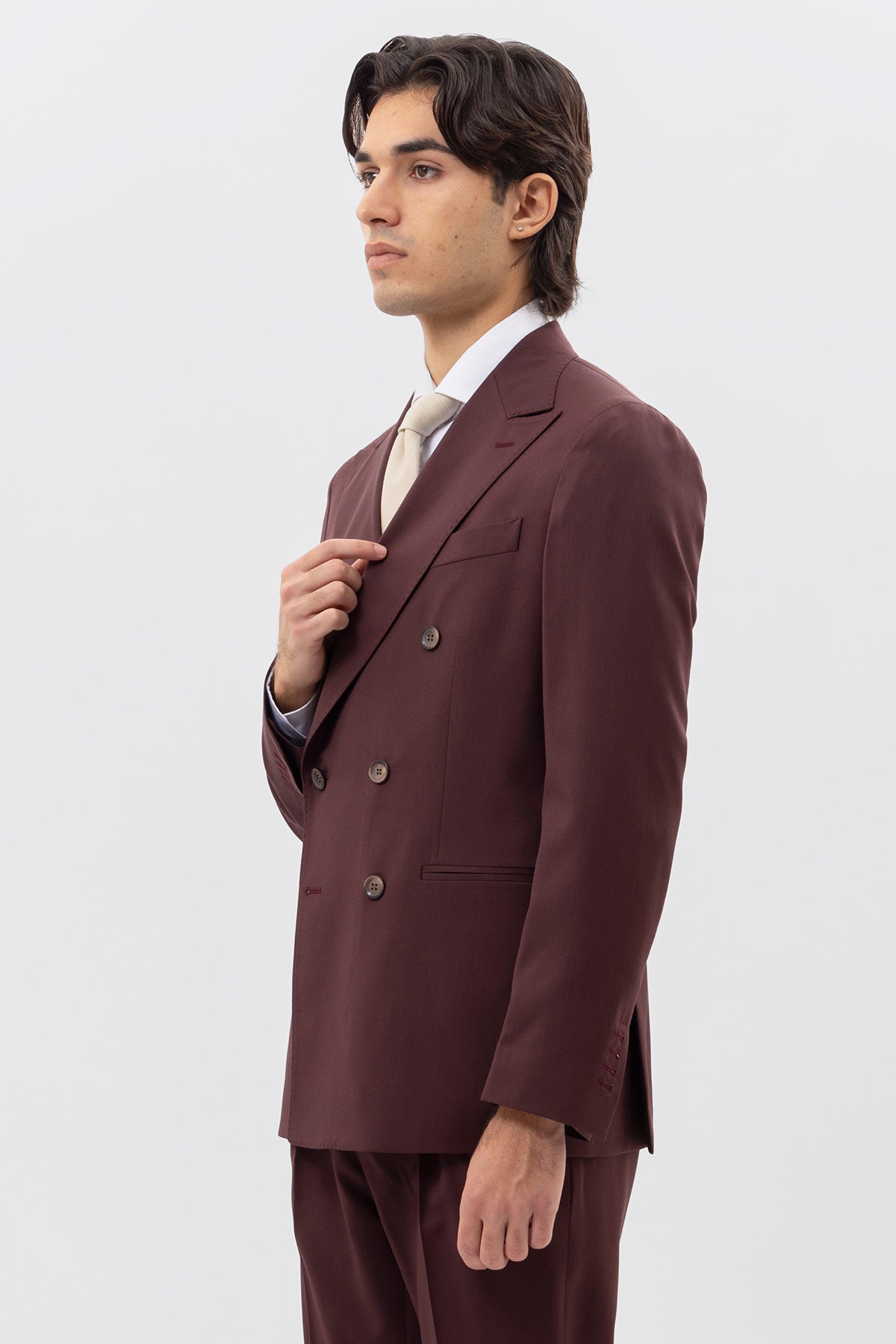 Giacca Doppiopetto Bordeaux Fresco Lana  Super 130's Bristol Tessuti Napoli Rever A Lancia