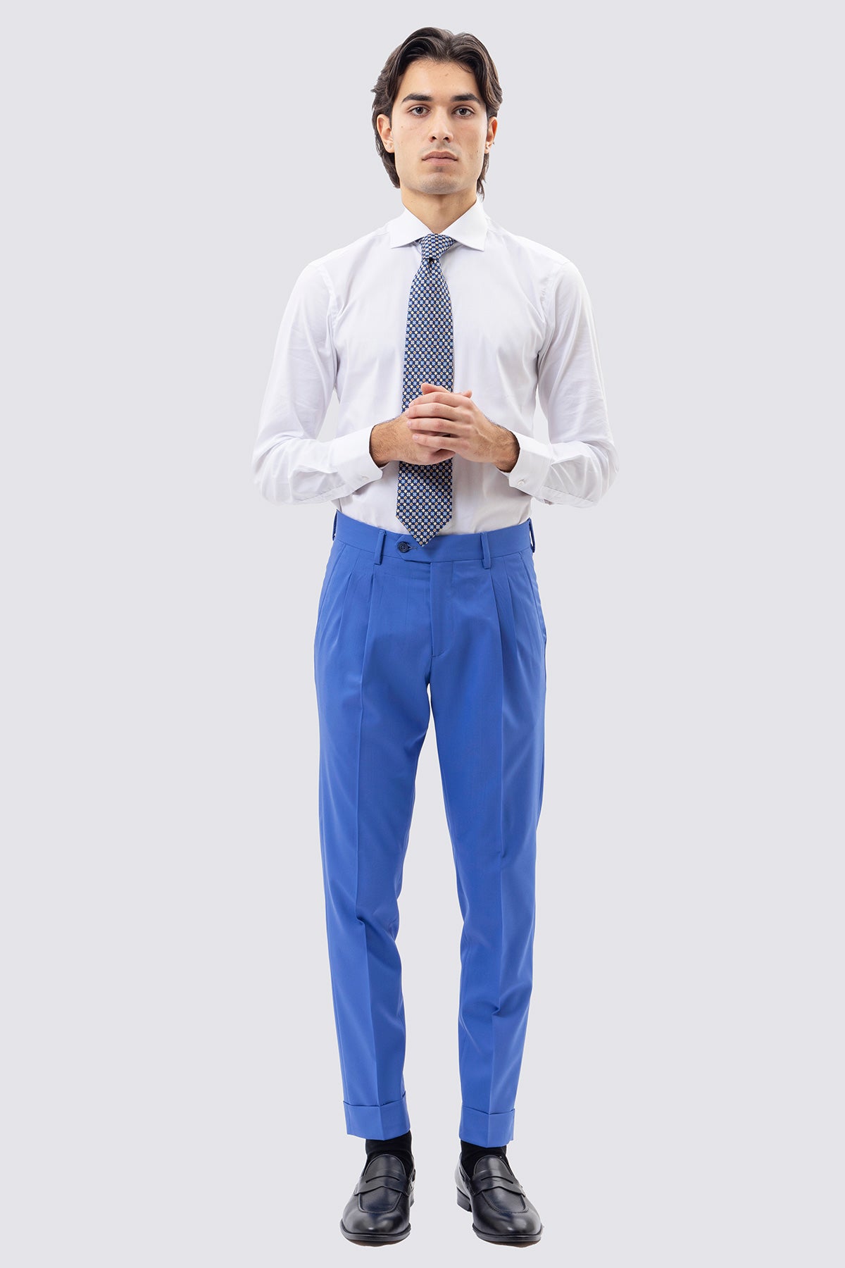 PANTALONE AZZURRO VITA  ALTA IN FRESCO LANA SUPER 130's VITALE BARBERIS CANONICO CON DOPPIA PINCES E RISVOLTO 5CM