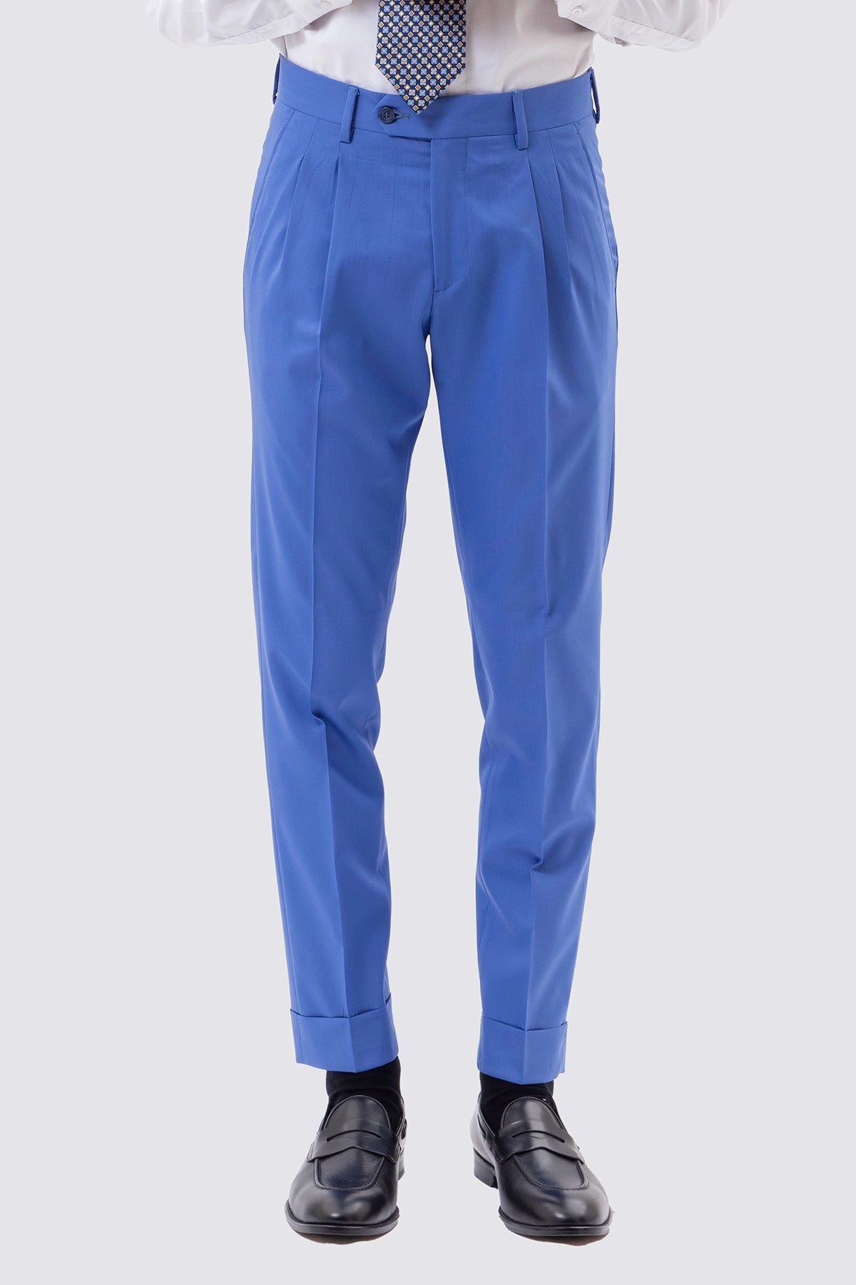 PANTALONE AZZURRO VITA  ALTA IN FRESCO LANA SUPER 130's VITALE BARBERIS CANONICO CON DOPPIA PINCES E RISVOLTO 5CM