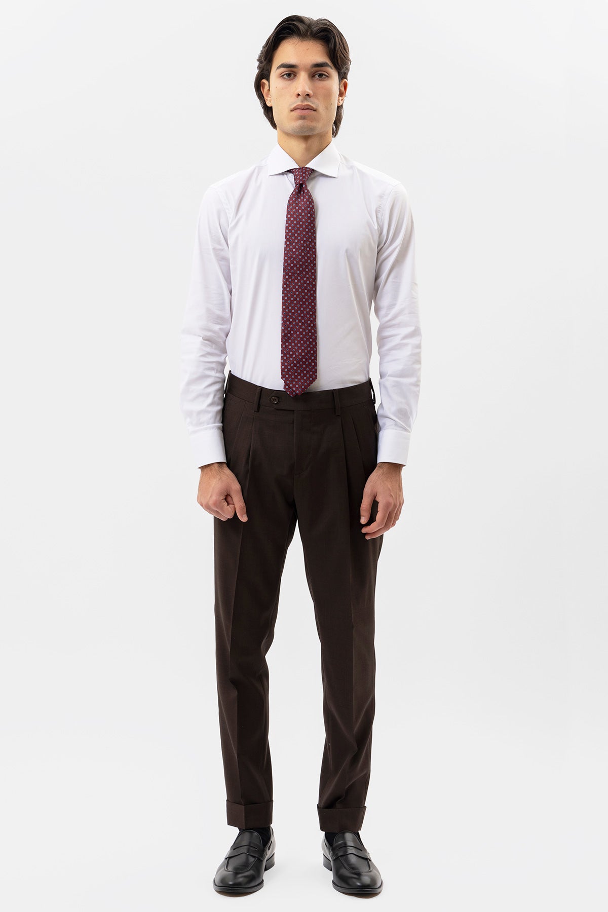 PANTALONE MARRONE VITA ALTA UOMO IN FRESCO LANA 120'S HOLLAND & SHERRY CON PINCES E RISVOLTO 5CM