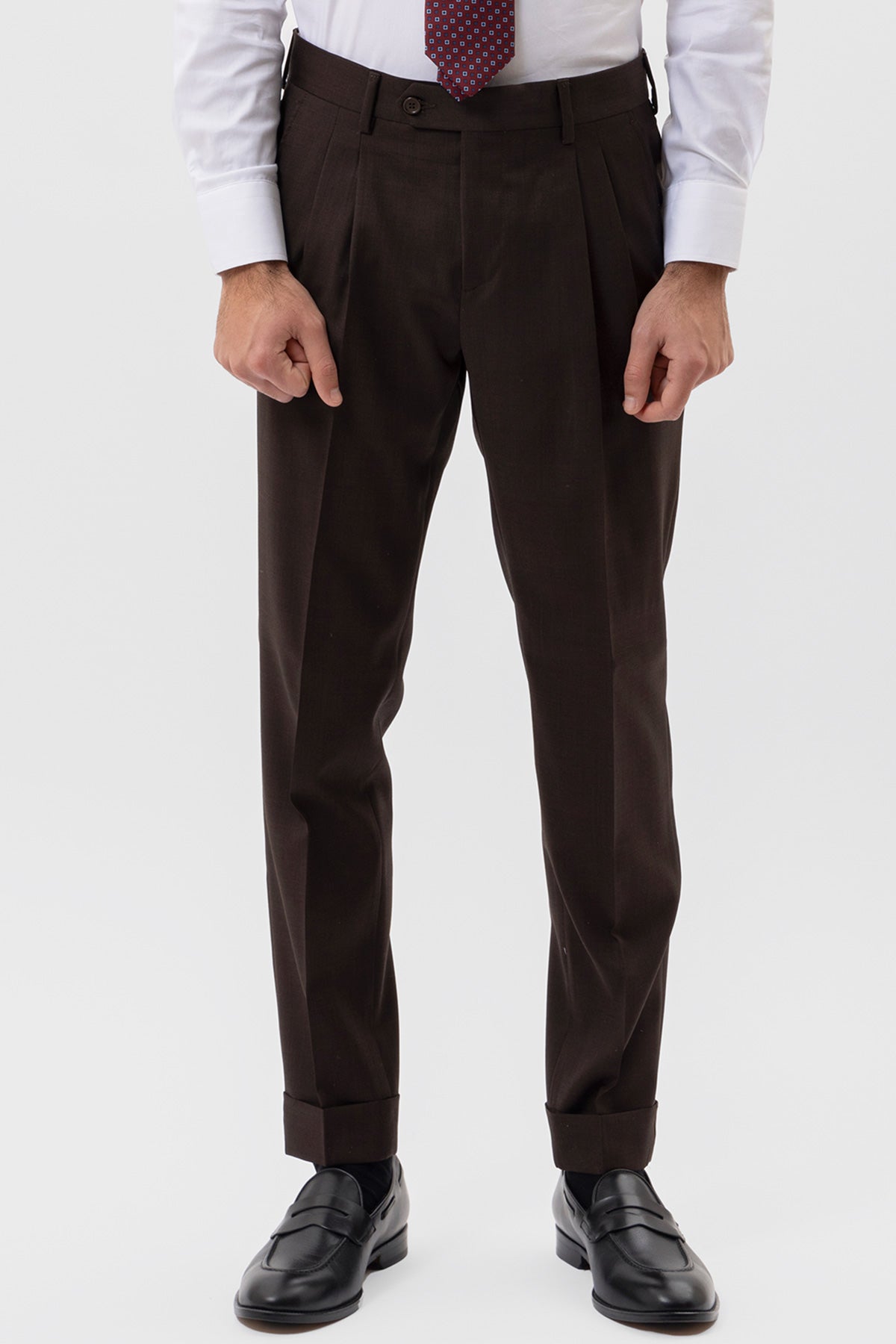 PANTALONE MARRONE VITA ALTA UOMO IN FRESCO LANA 120'S HOLLAND & SHERRY CON PINCES E RISVOLTO 5CM