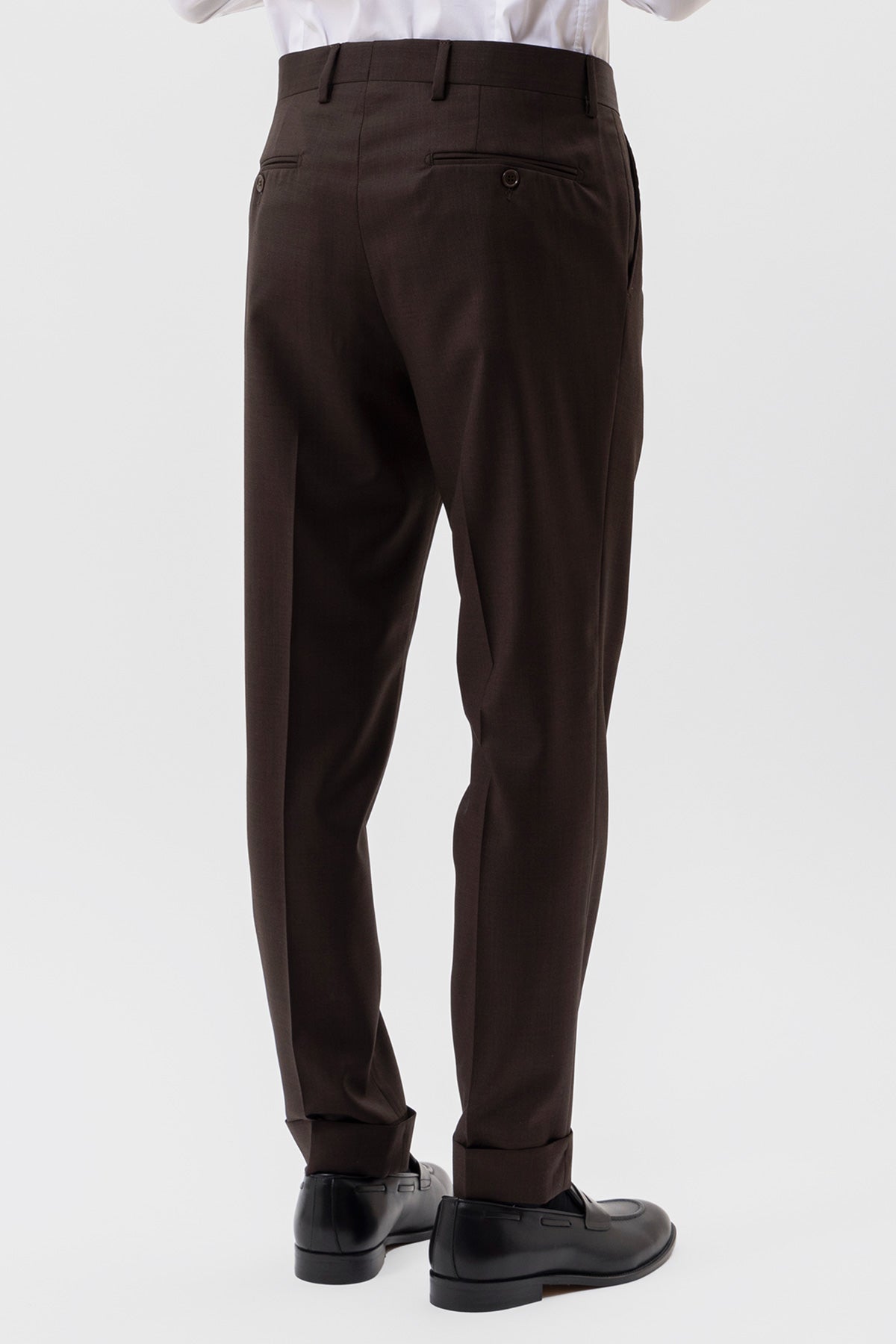 PANTALONE MARRONE VITA ALTA UOMO IN FRESCO LANA 120'S HOLLAND & SHERRY CON PINCES E RISVOLTO 5CM