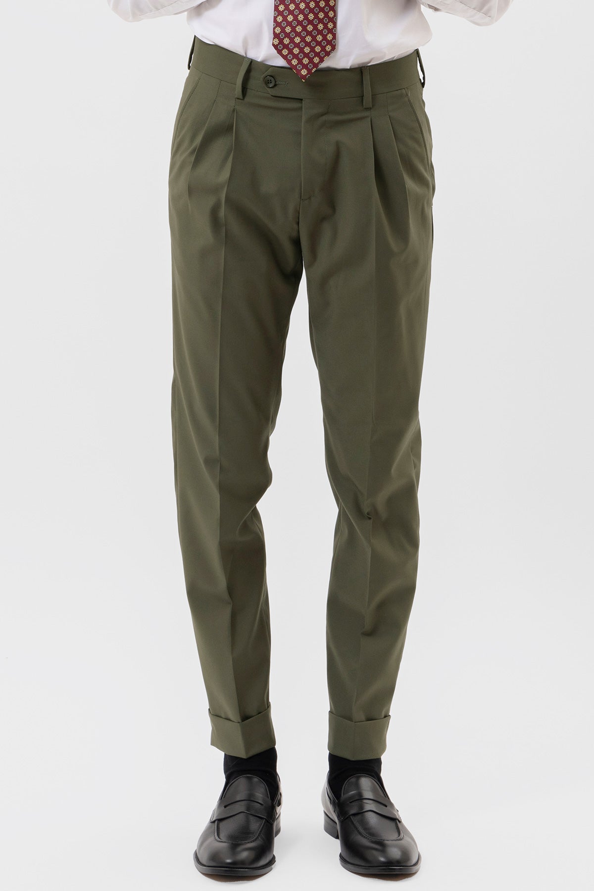 PANTALONE VITA  ALTA VERDE MILITARE UOMO EFFETTO FRESCO LANA CON DOPPIA PINCES E RISVOLTO 5 CM