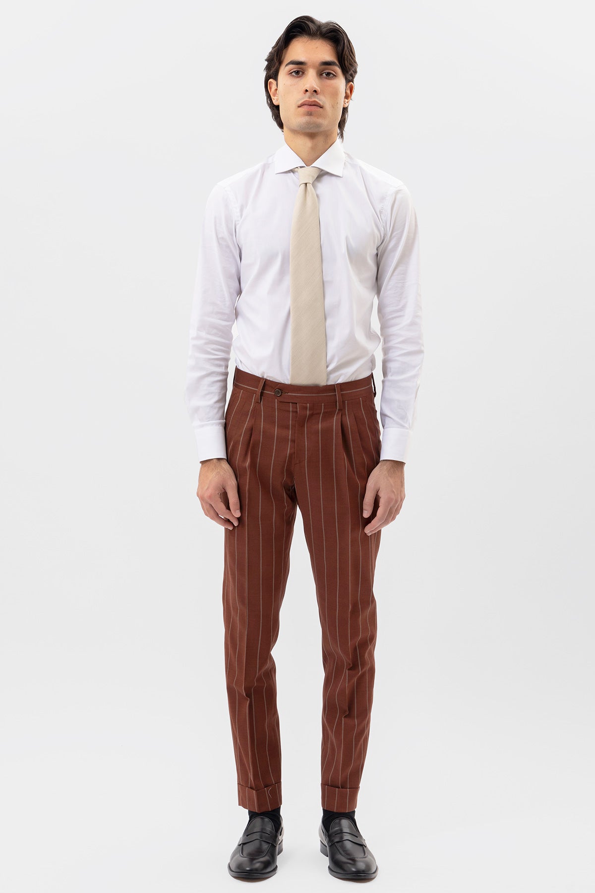 PANTALONE COCCIO GESSATO BEIGE VITA  ALTA UOMO FRESCO LANA SUPER 130'S FORDAM TESSUTI NAPOLI DOPPIA PINCES E RISVOLTO 5CM