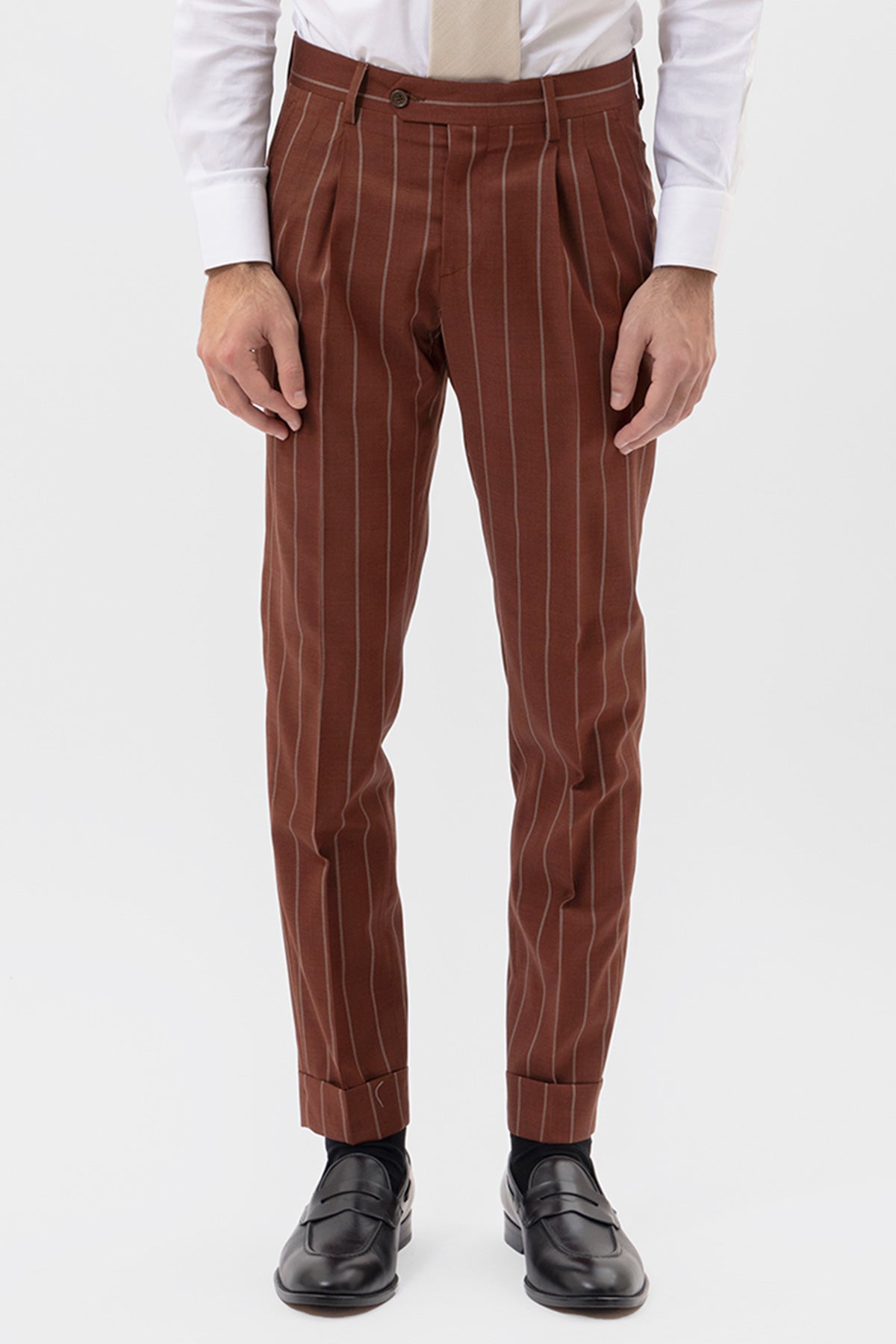 PANTALONE COCCIO GESSATO BEIGE VITA  ALTA UOMO FRESCO LANA SUPER 130'S FORDAM TESSUTI NAPOLI DOPPIA PINCES E RISVOLTO 5CM