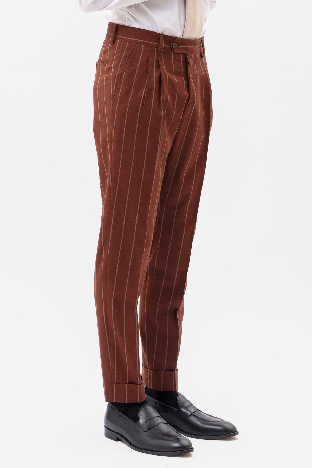 PANTALONE COCCIO GESSATO BEIGE VITA  ALTA UOMO FRESCO LANA SUPER 130'S FORDAM TESSUTI NAPOLI DOPPIA PINCES E RISVOLTO 5CM