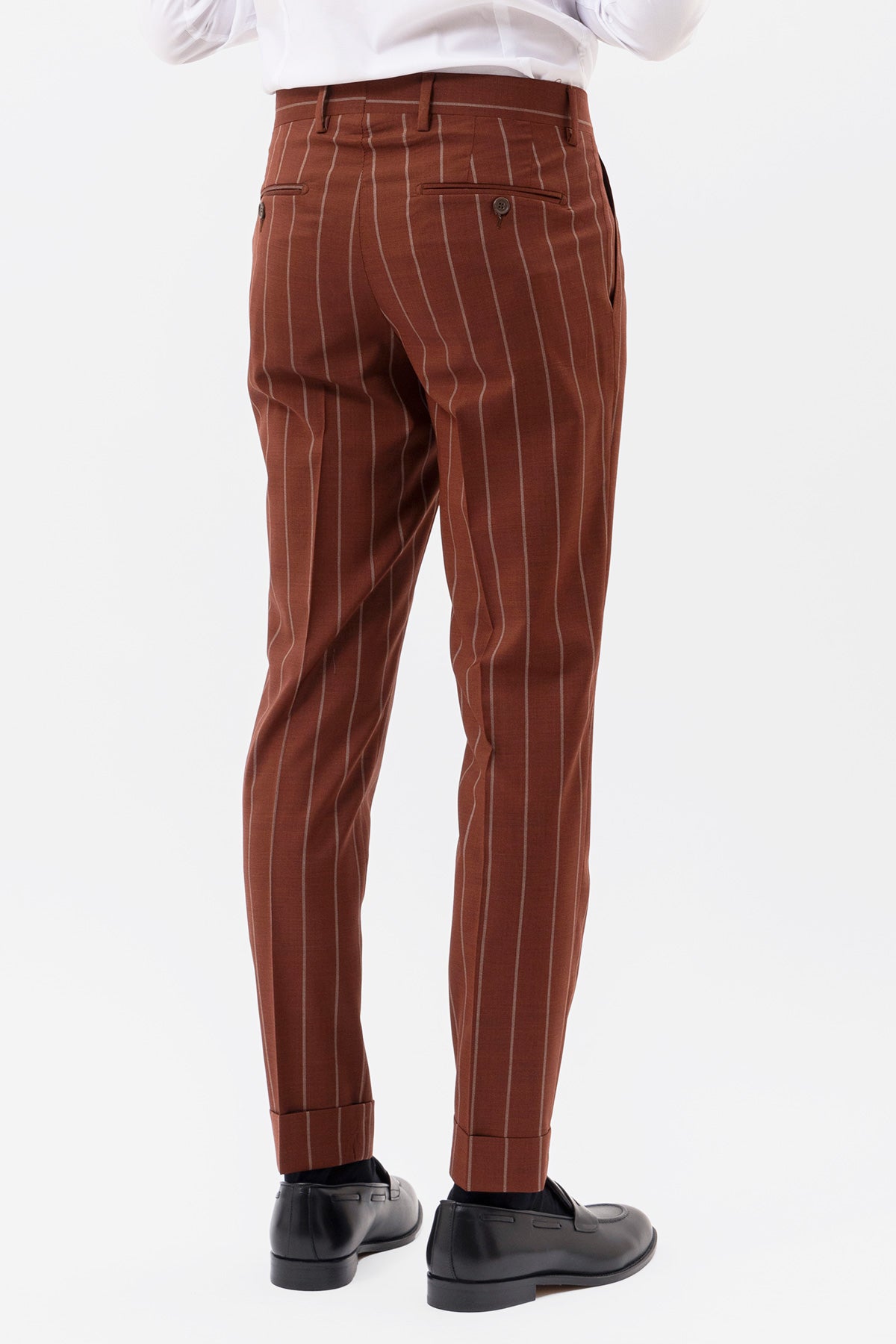 PANTALONE COCCIO GESSATO BEIGE VITA  ALTA UOMO FRESCO LANA SUPER 130'S FORDAM TESSUTI NAPOLI DOPPIA PINCES E RISVOLTO 5CM