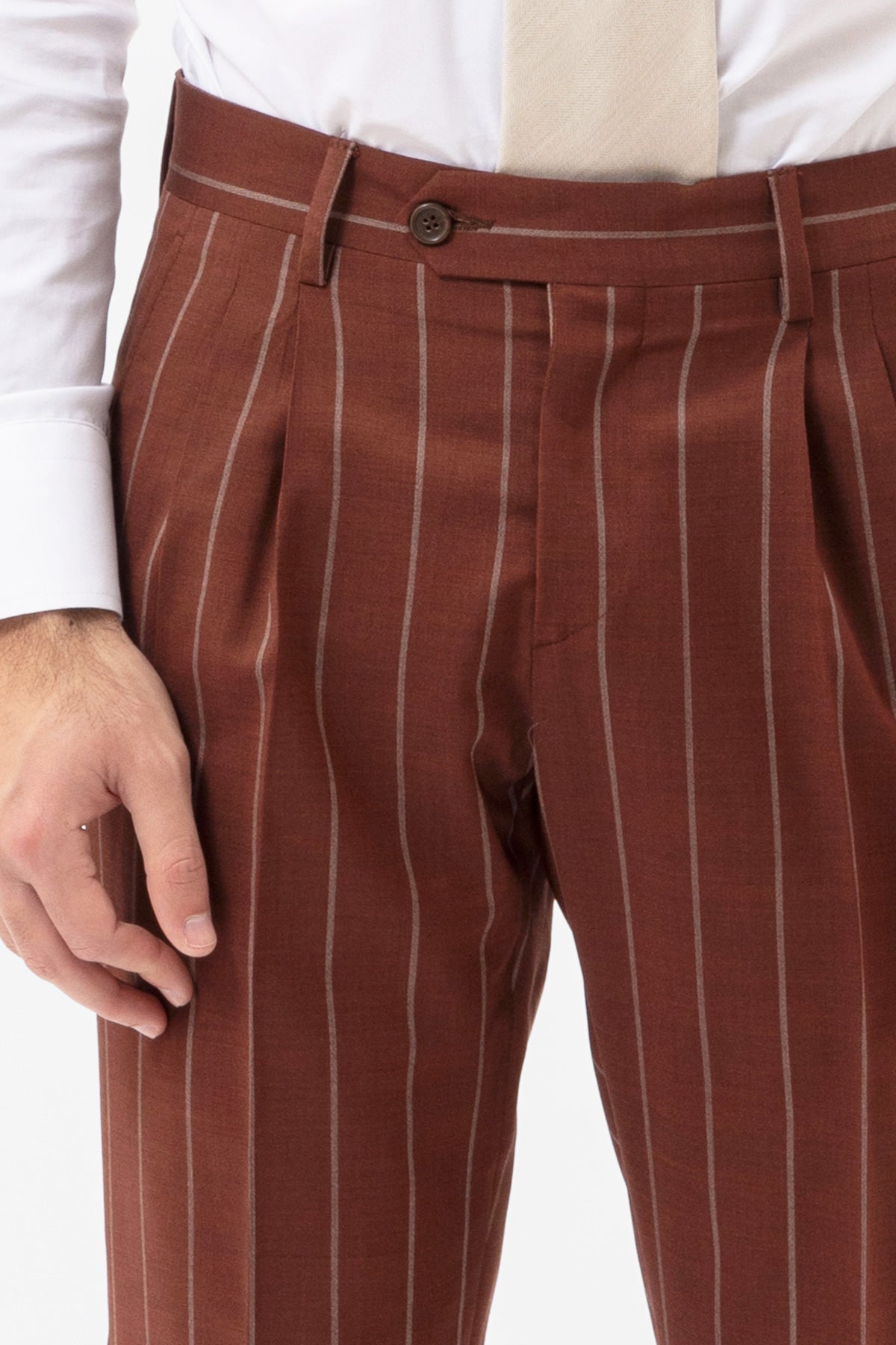 PANTALONE COCCIO GESSATO BEIGE VITA  ALTA UOMO FRESCO LANA SUPER 130'S FORDAM TESSUTI NAPOLI DOPPIA PINCES E RISVOLTO 5CM