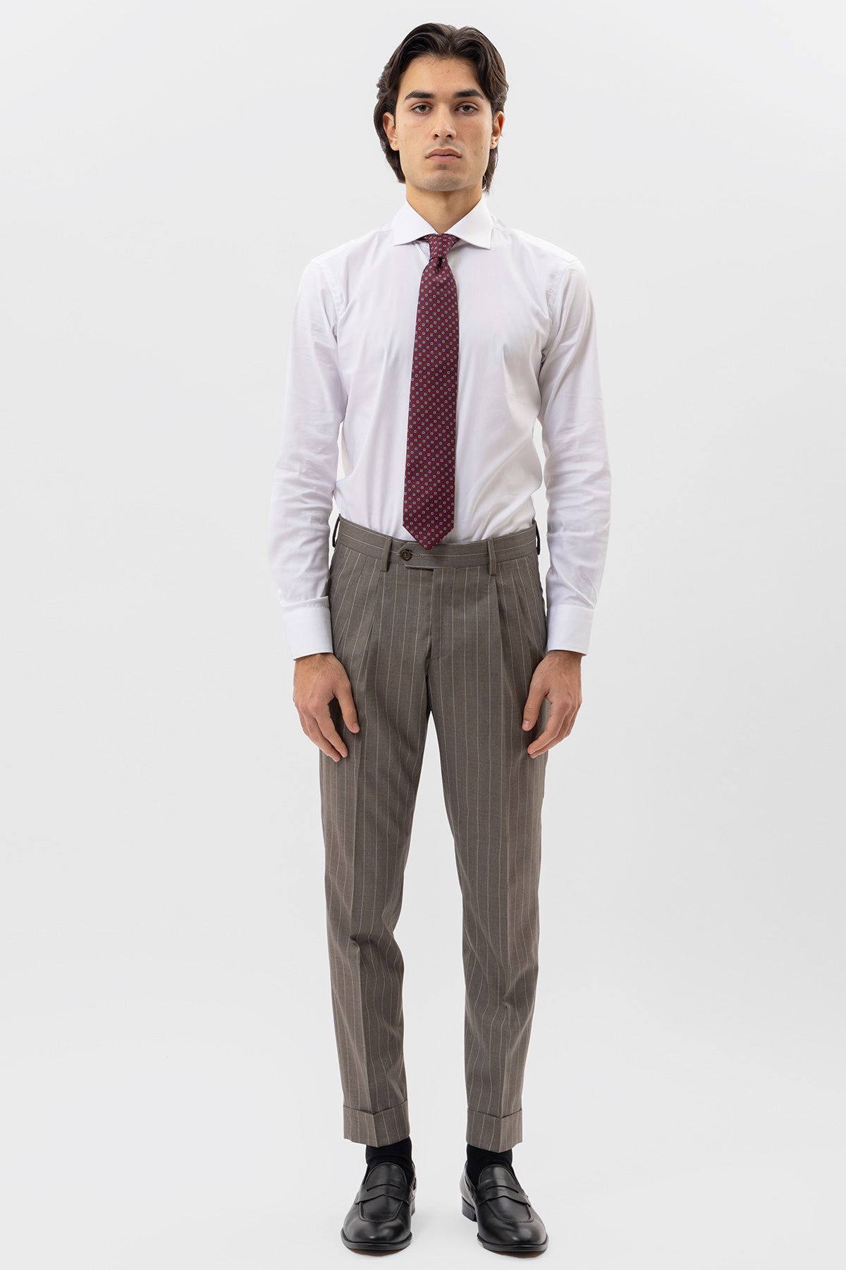 PANTALONE FANGO GESSATO BEIGE VITA  ALTA IN FRESCO LANA SUPER 130's VITALE BARBERIS CANONICO CON DOPPIA PINCES E RISVOLTO 5CM