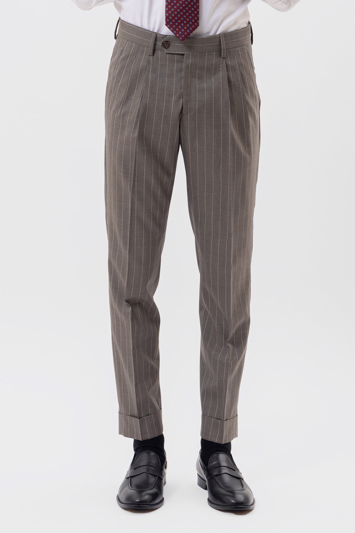 PANTALONE FANGO GESSATO BEIGE VITA  ALTA IN FRESCO LANA SUPER 130's VITALE BARBERIS CANONICO CON DOPPIA PINCES E RISVOLTO 5CM