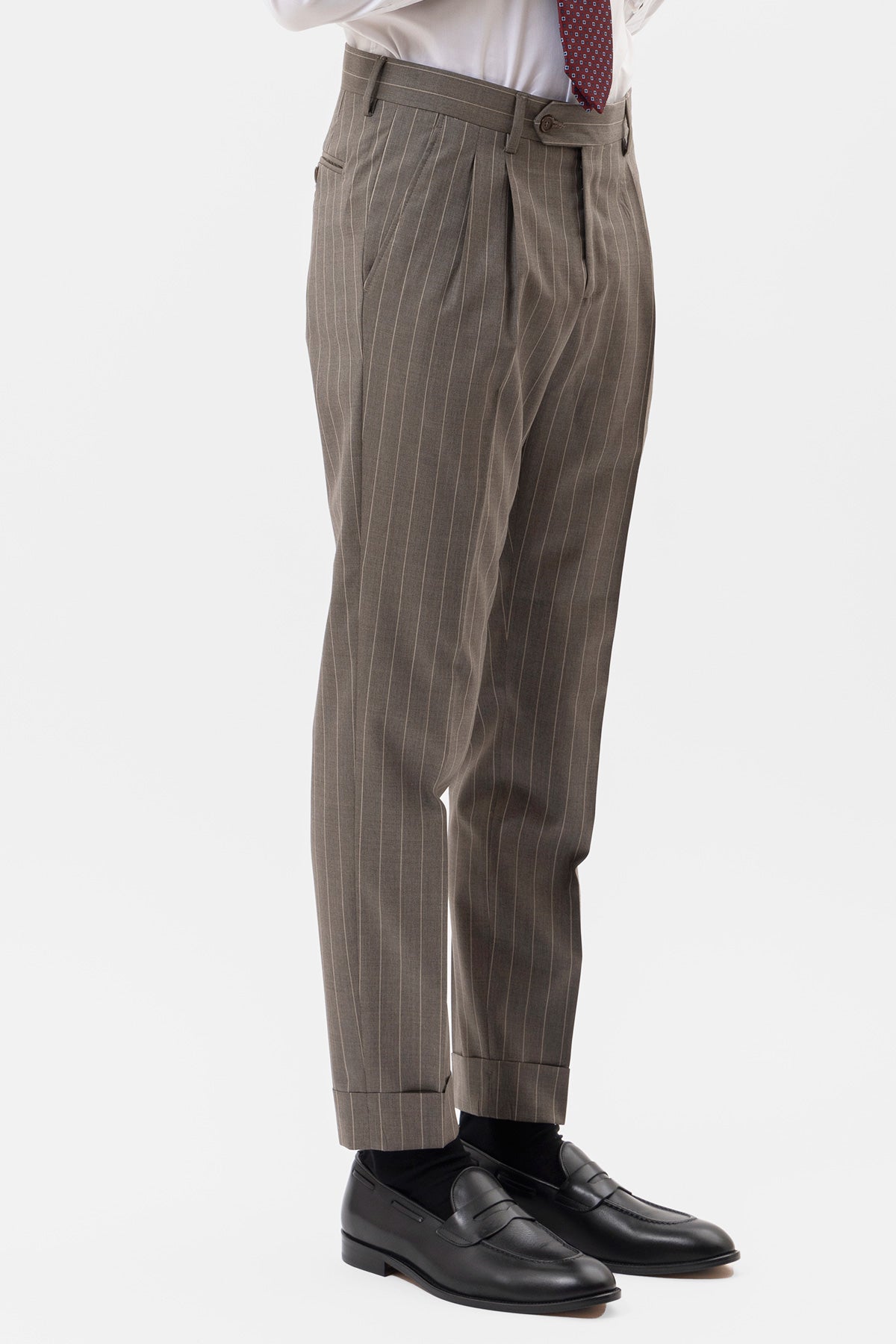PANTALONE FANGO GESSATO BEIGE VITA  ALTA IN FRESCO LANA SUPER 130's VITALE BARBERIS CANONICO CON DOPPIA PINCES E RISVOLTO 5CM