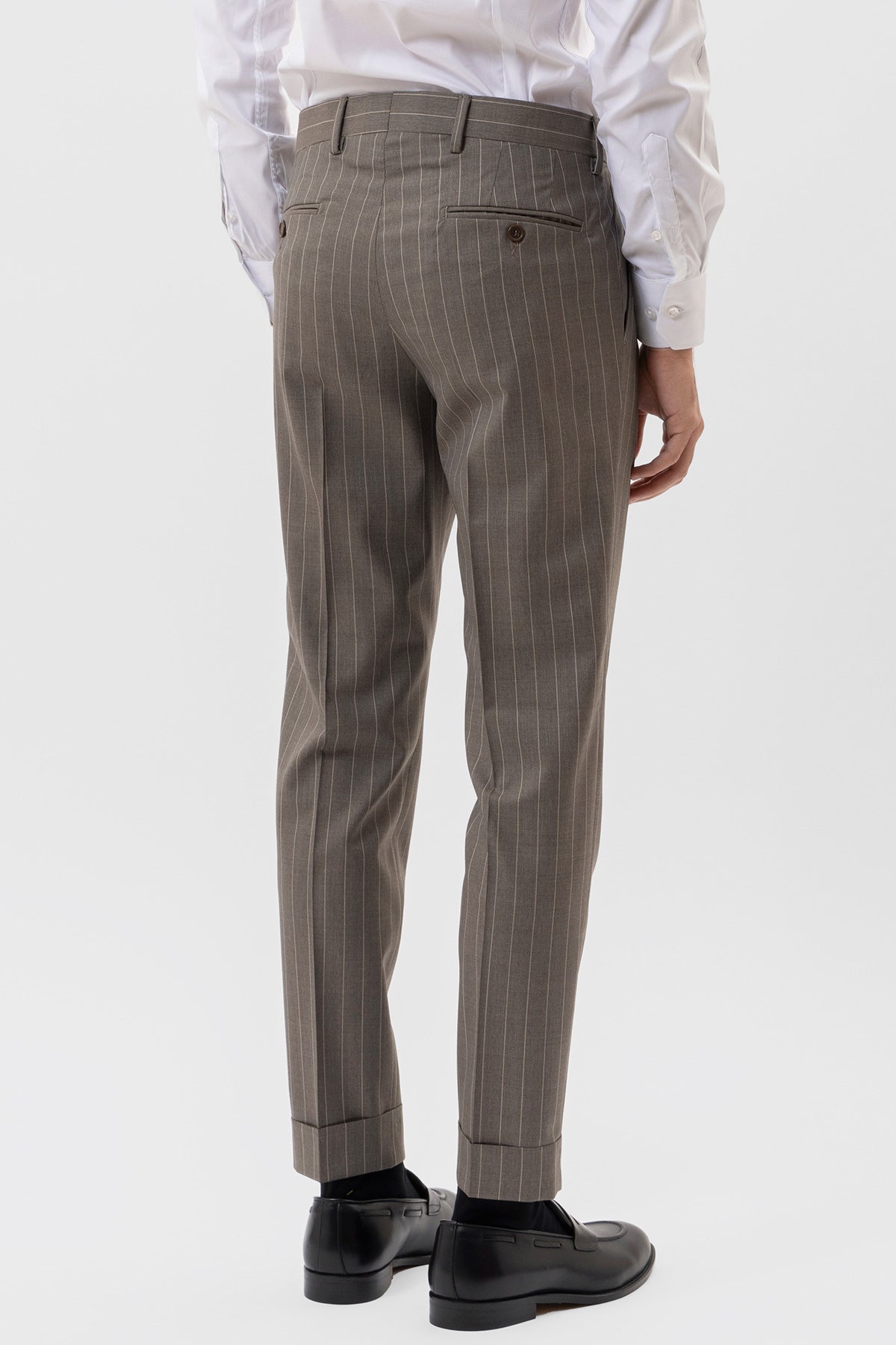 PANTALONE FANGO GESSATO BEIGE VITA  ALTA IN FRESCO LANA SUPER 130's VITALE BARBERIS CANONICO CON DOPPIA PINCES E RISVOLTO 5CM