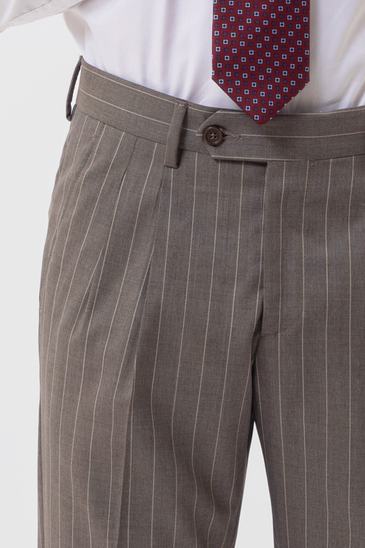 Abito Doppiopetto Fango Gessata Beige Uomo In Fresco Lana Super 130's Vitale Barberis Canonico Con Rever A Lancia Tasche A Filo