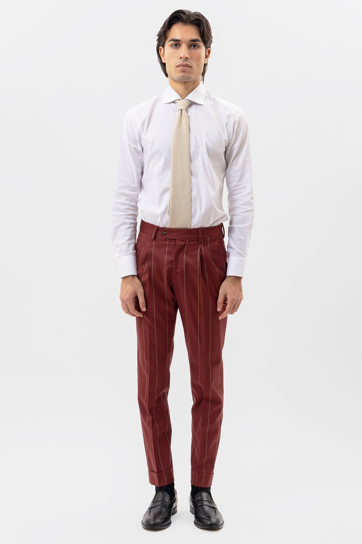 PANTALONE BORDEAUX GESSATO BEIGE VITA  ALTA UOMO FRESCO LANA SUPER 130'S FORDAM TESSUTI NAPOLI DOPPIA PINCES E RISVOLTO 5CM