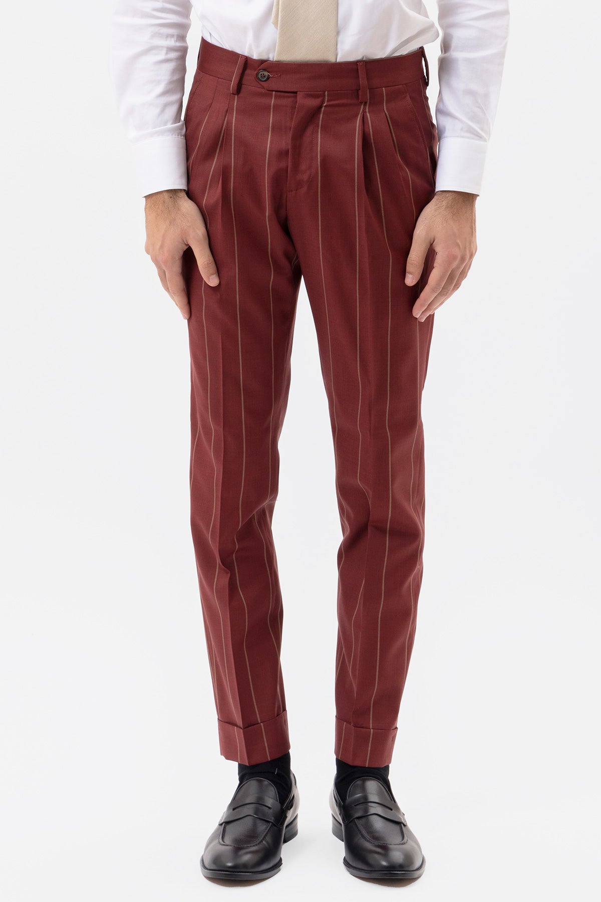 PANTALONE BORDEAUX GESSATO BEIGE VITA  ALTA UOMO FRESCO LANA SUPER 130'S FORDAM TESSUTI NAPOLI DOPPIA PINCES E RISVOLTO 5CM