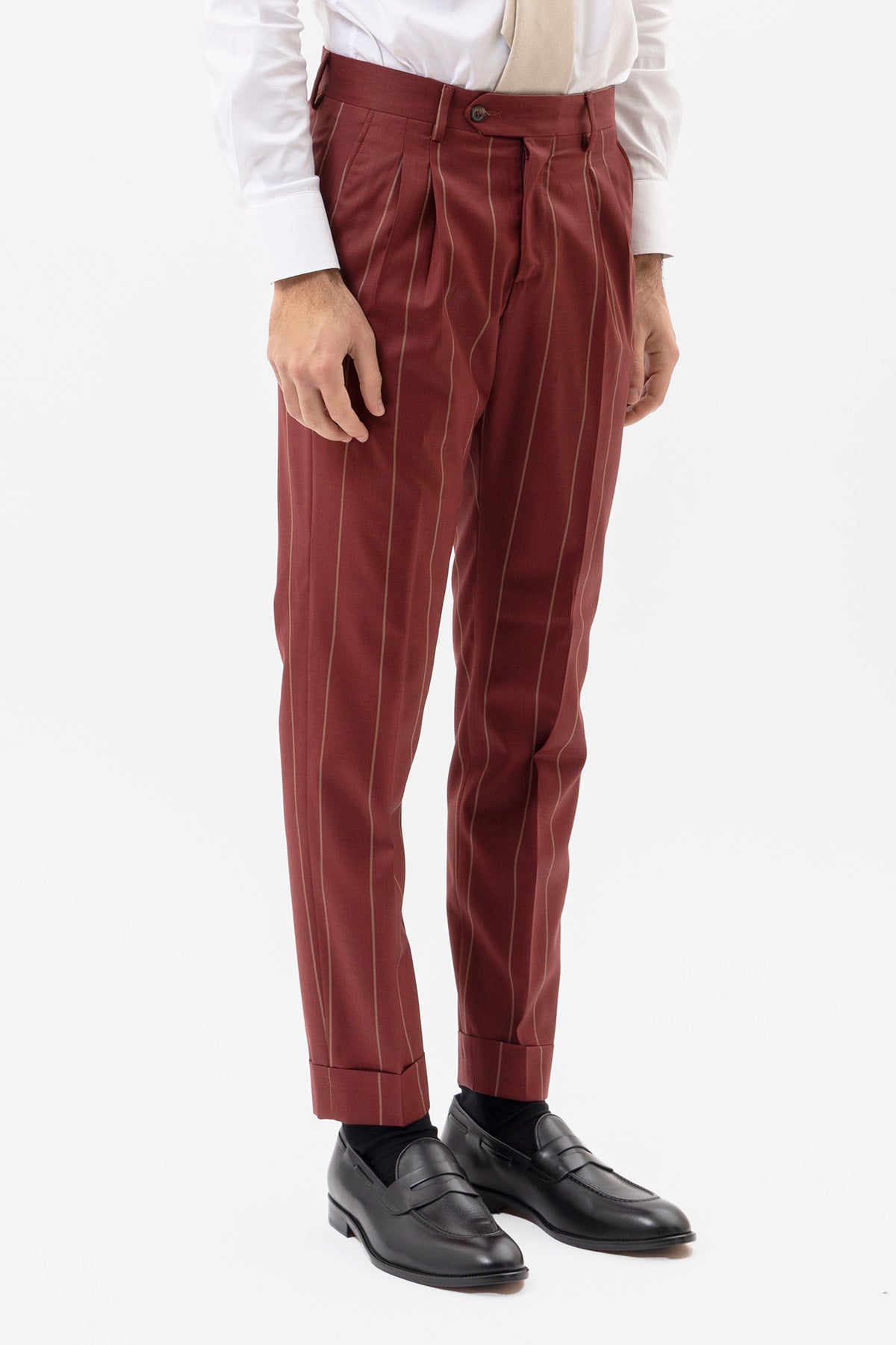 PANTALONE BORDEAUX GESSATO BEIGE VITA  ALTA UOMO FRESCO LANA SUPER 130'S FORDAM TESSUTI NAPOLI DOPPIA PINCES E RISVOLTO 5CM