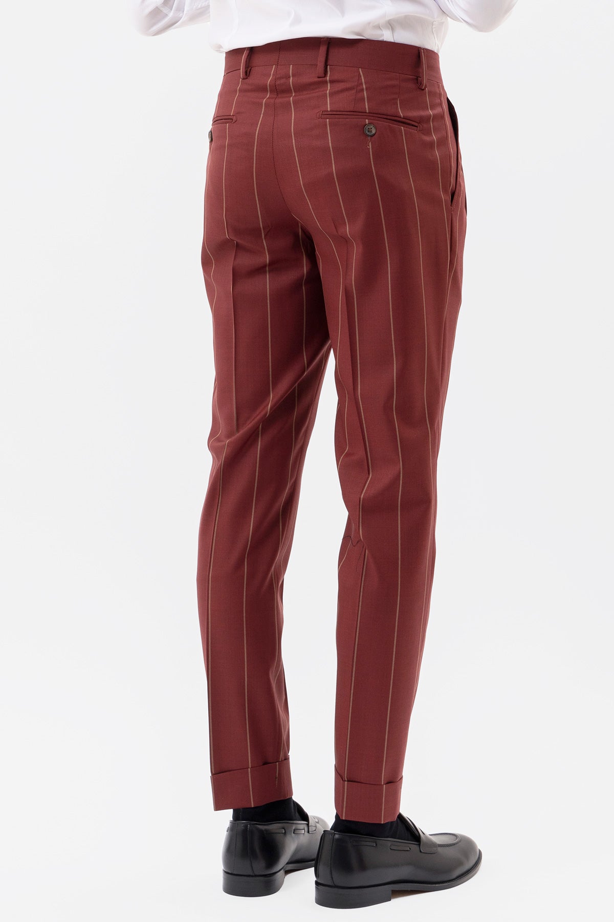 PANTALONE BORDEAUX GESSATO BEIGE VITA  ALTA UOMO FRESCO LANA SUPER 130'S FORDAM TESSUTI NAPOLI DOPPIA PINCES E RISVOLTO 5CM