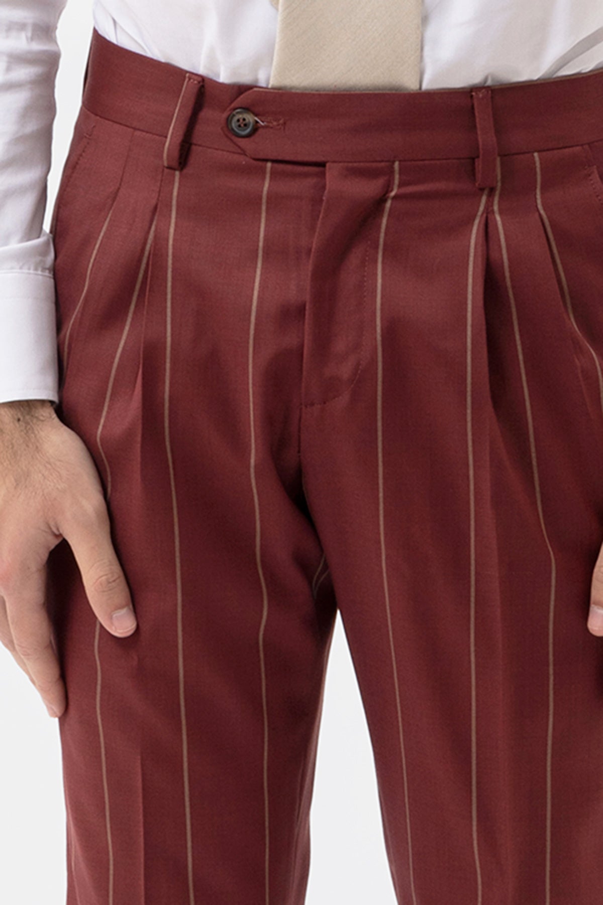 PANTALONE BORDEAUX GESSATO BEIGE VITA  ALTA UOMO FRESCO LANA SUPER 130'S FORDAM TESSUTI NAPOLI DOPPIA PINCES E RISVOLTO 5CM