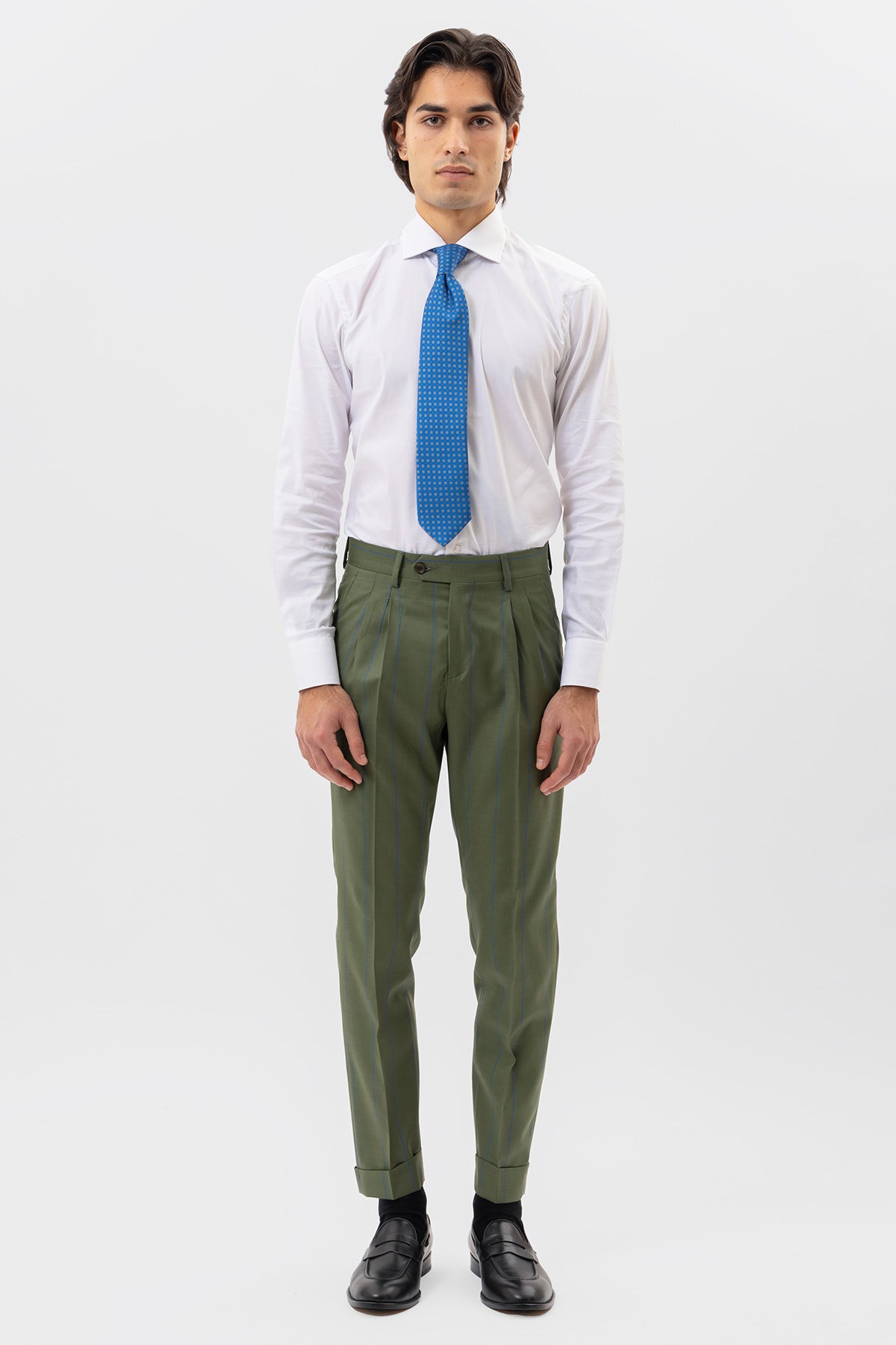 PANTALONE VERDE GESSATO AZZURRO VITA  ALTA UOMO FRESCO LANA SUPER 130'S FORDAM TESSUTI NAPOLI DOPPIA PINCES E RISVOLTO 5CM