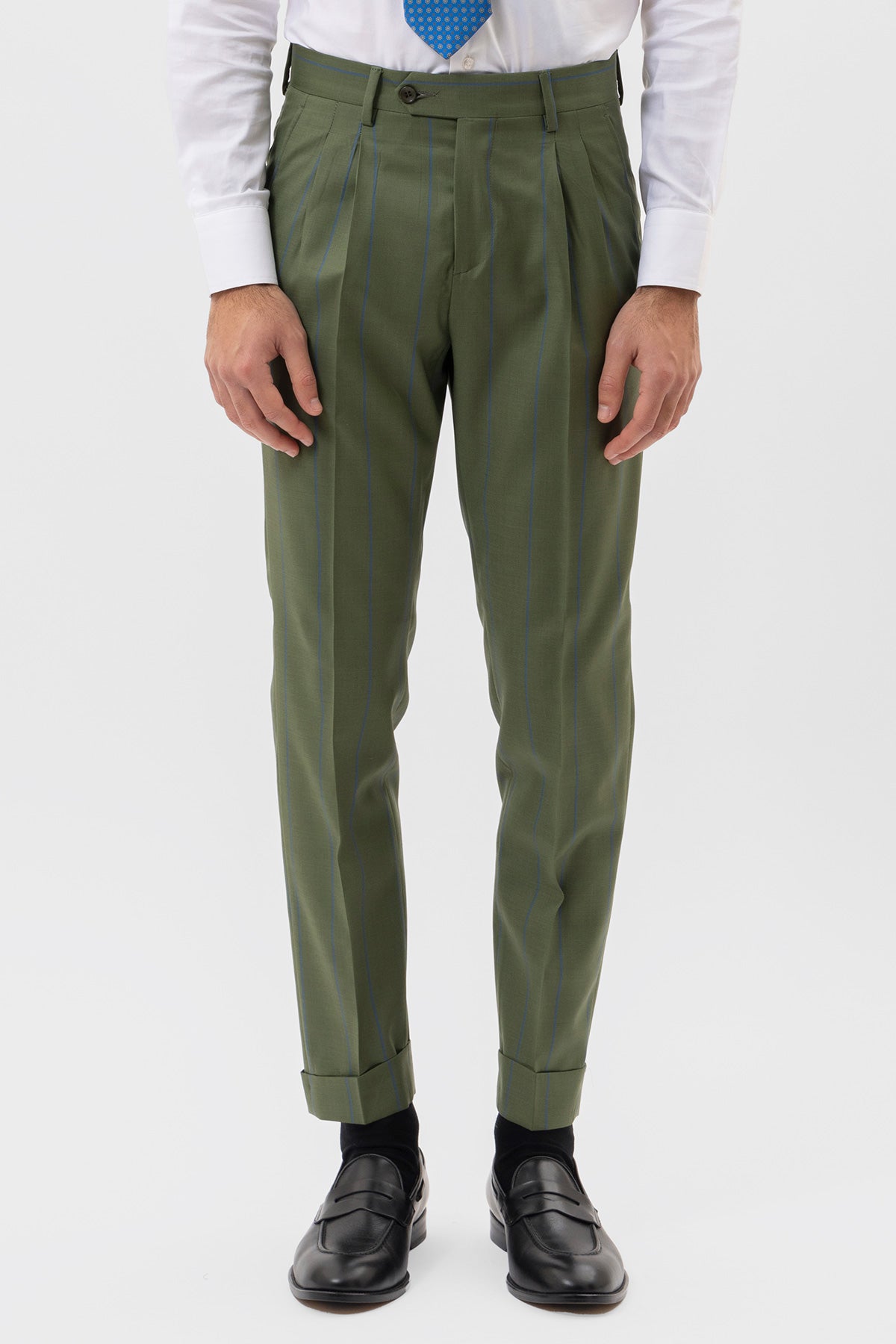 PANTALONE VERDE GESSATO AZZURRO VITA  ALTA UOMO FRESCO LANA SUPER 130'S FORDAM TESSUTI NAPOLI DOPPIA PINCES E RISVOLTO 5CM